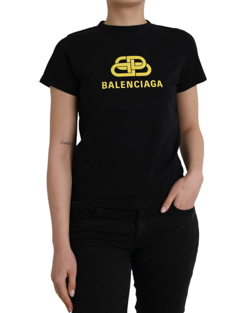 T-shirt col rond manches courtes en coton noir à imprimé logo Balenciaga