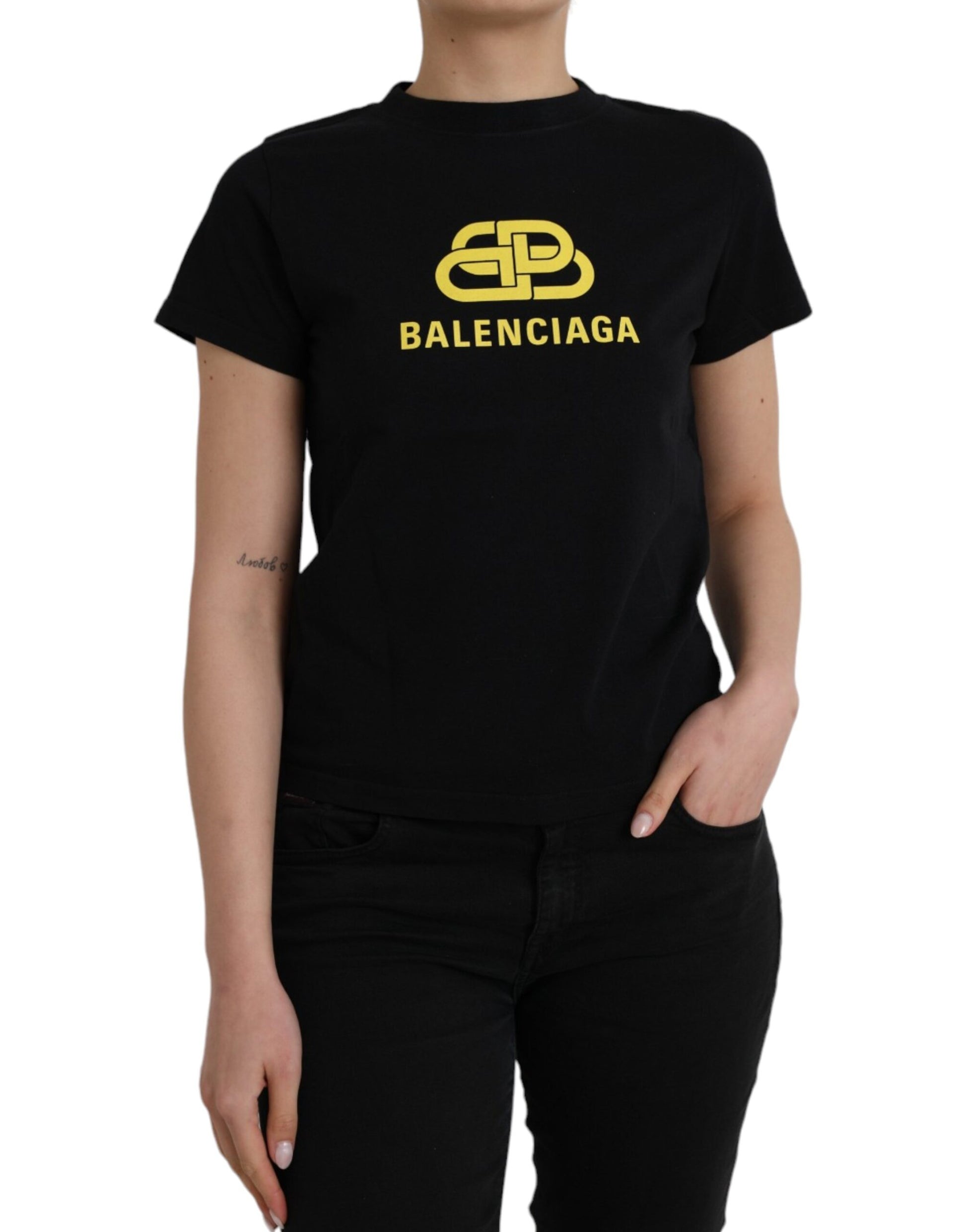 T-shirt col rond manches courtes en coton noir à imprimé logo Balenciaga