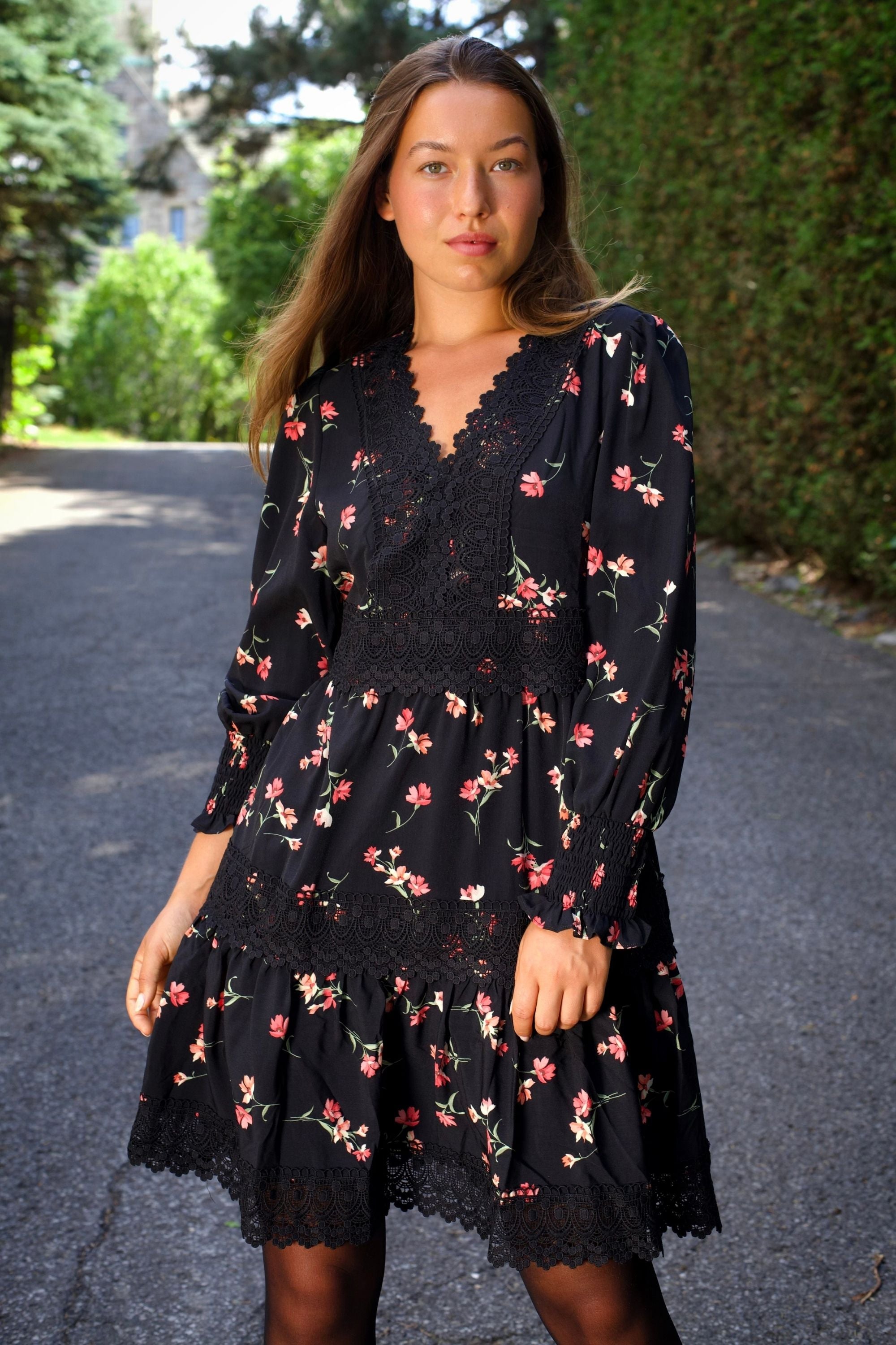 Agnes Tiered Black Mini Dress Pink Floral Print Lace Trim