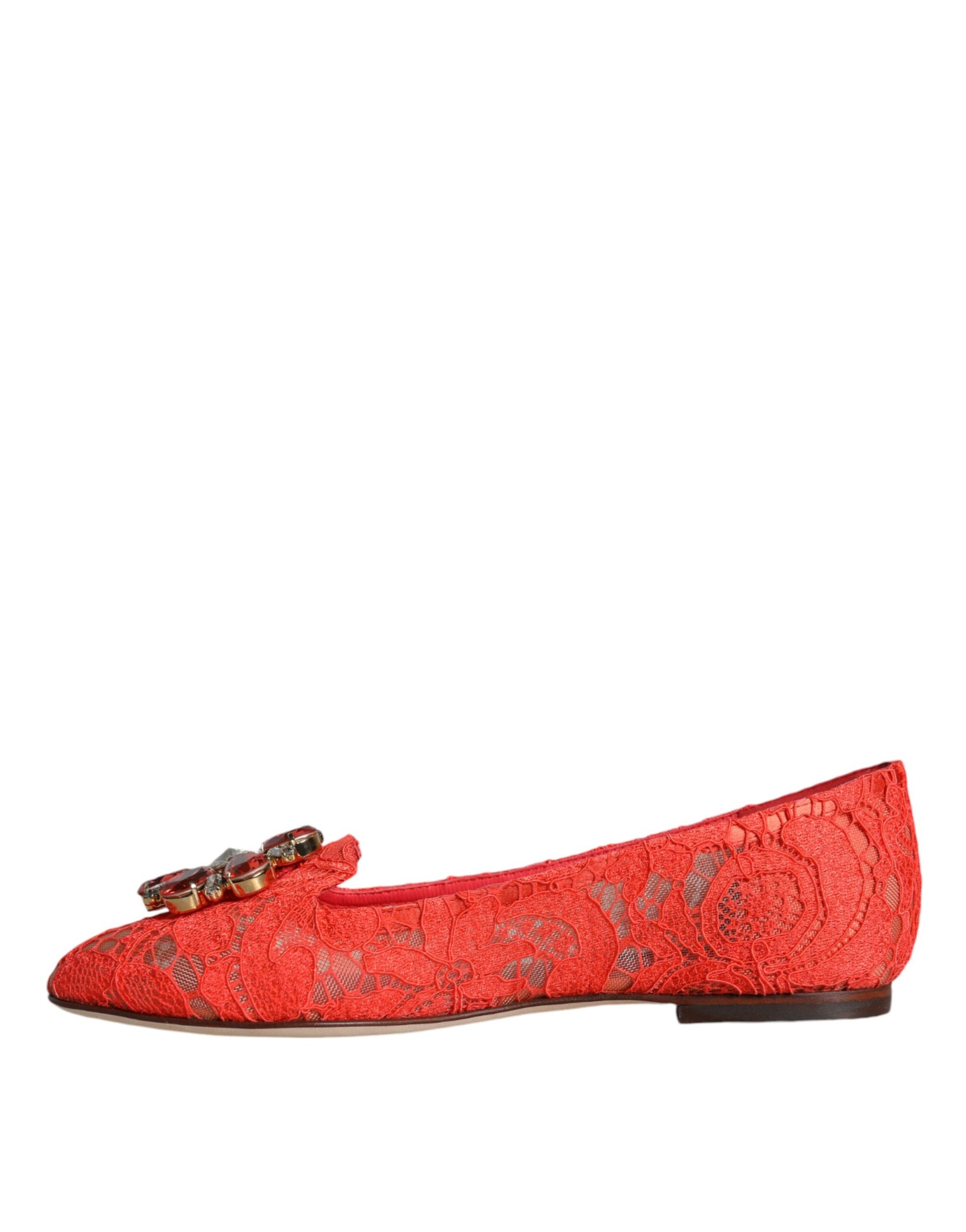Mocassins ballerines en dentelle corail et cristaux Dolce &amp; Gabbana