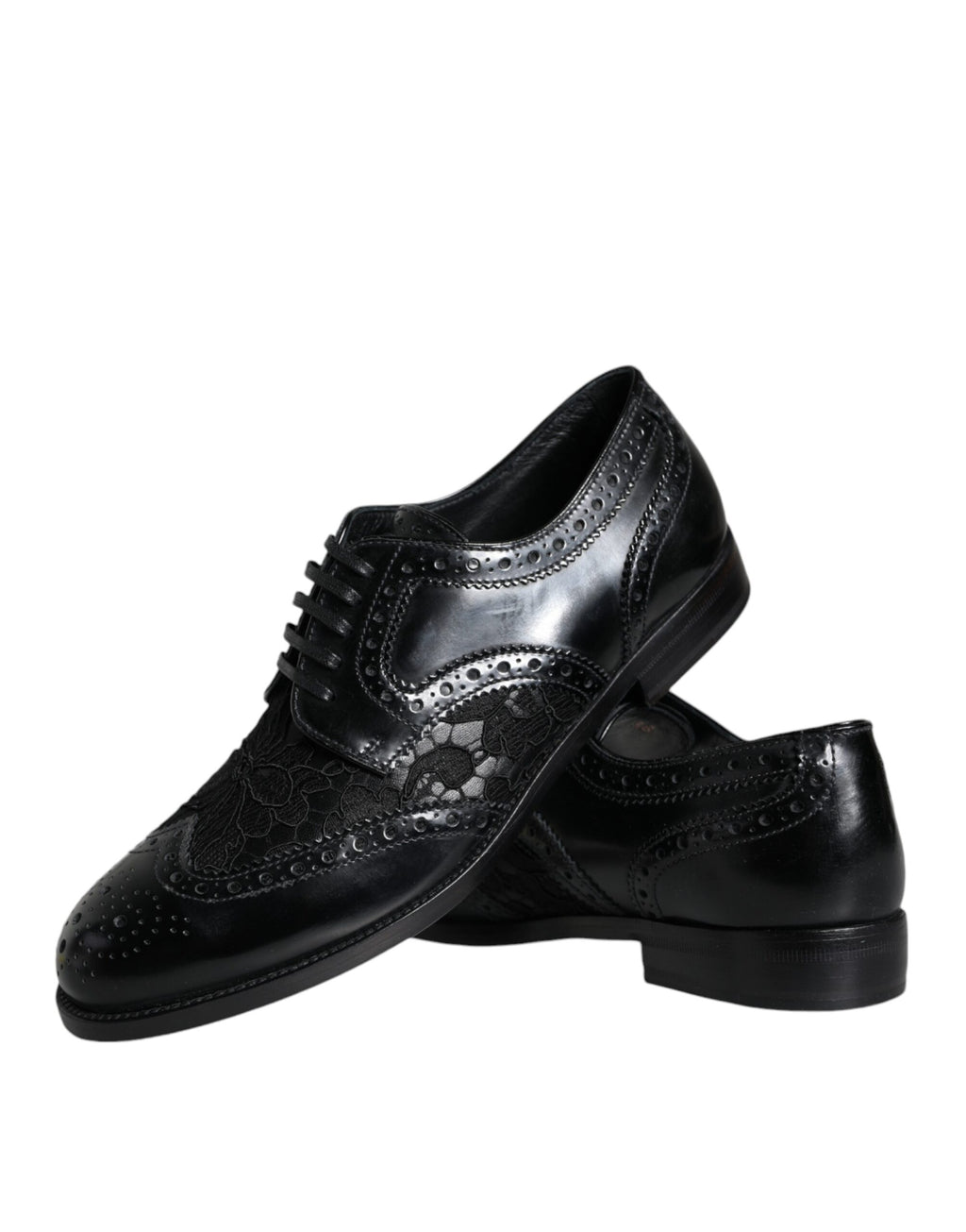 Chaussures habillées en cuir noir et dentelle florale Dolce &amp; Gabbana