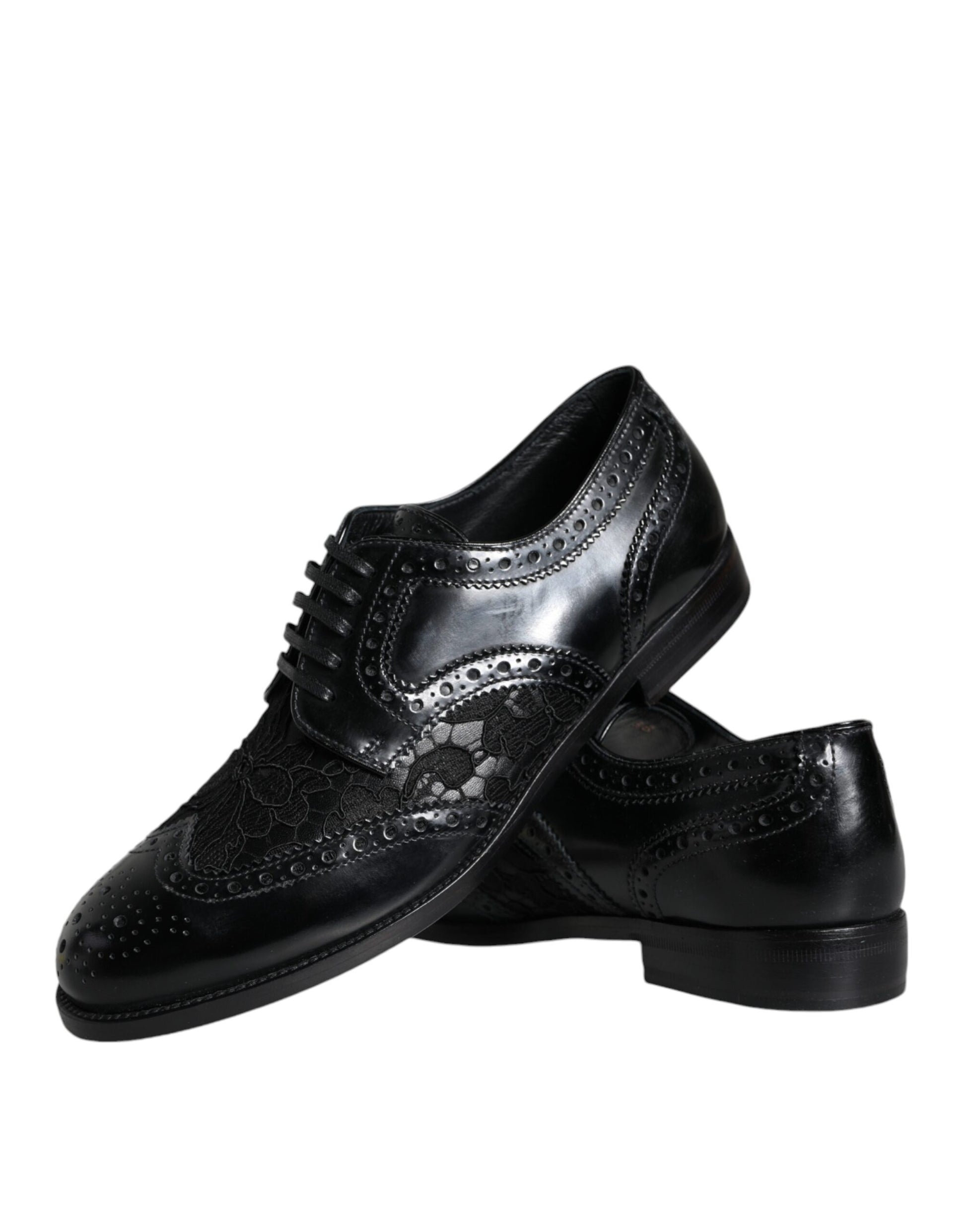 Chaussures habillées en cuir noir et dentelle florale Dolce &amp; Gabbana