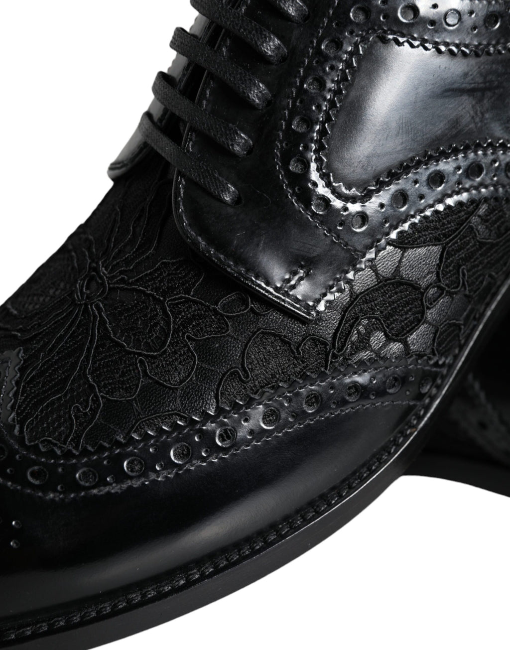 Chaussures habillées en cuir noir et dentelle florale Dolce &amp; Gabbana
