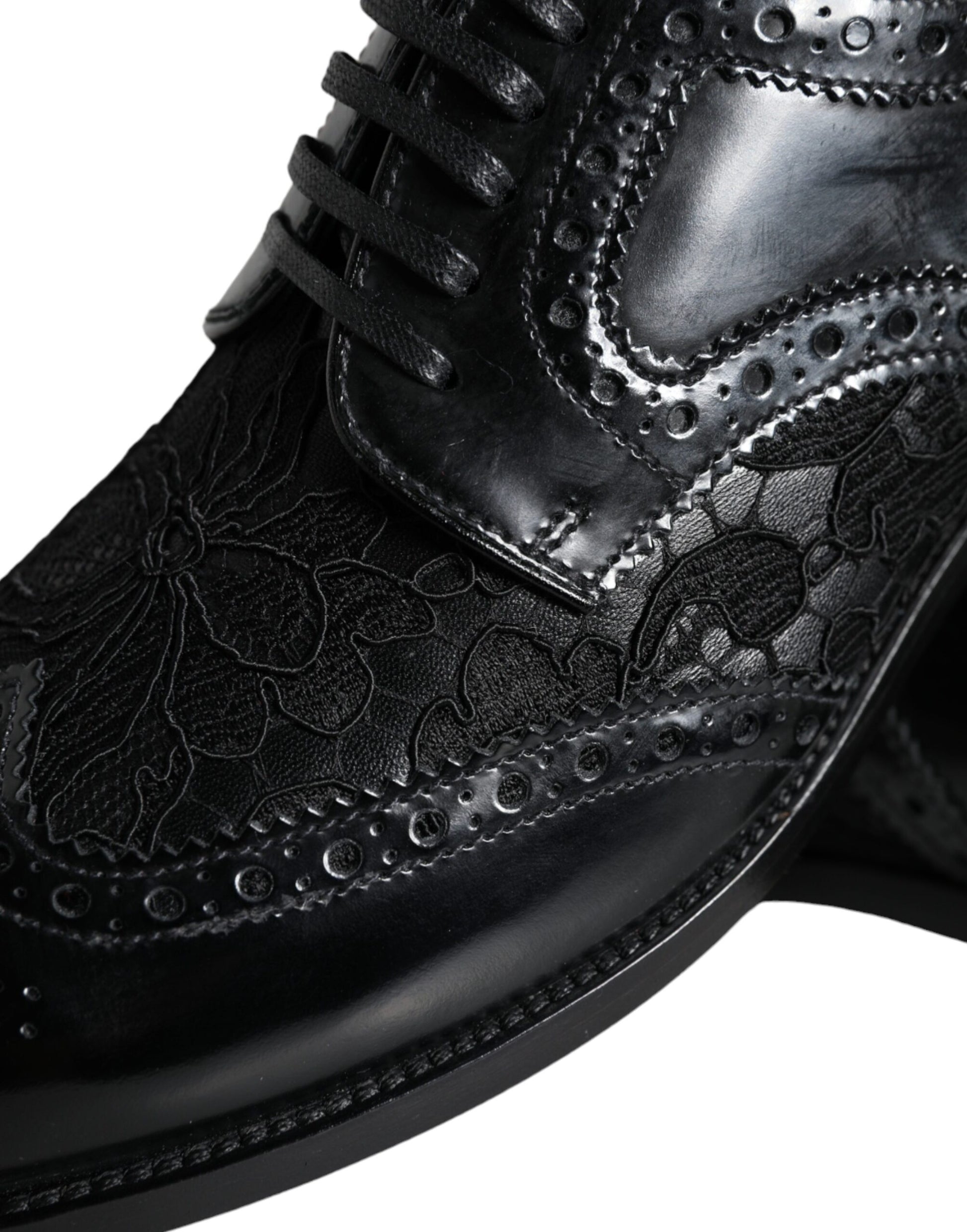 Chaussures habillées en cuir noir et dentelle florale Dolce &amp; Gabbana