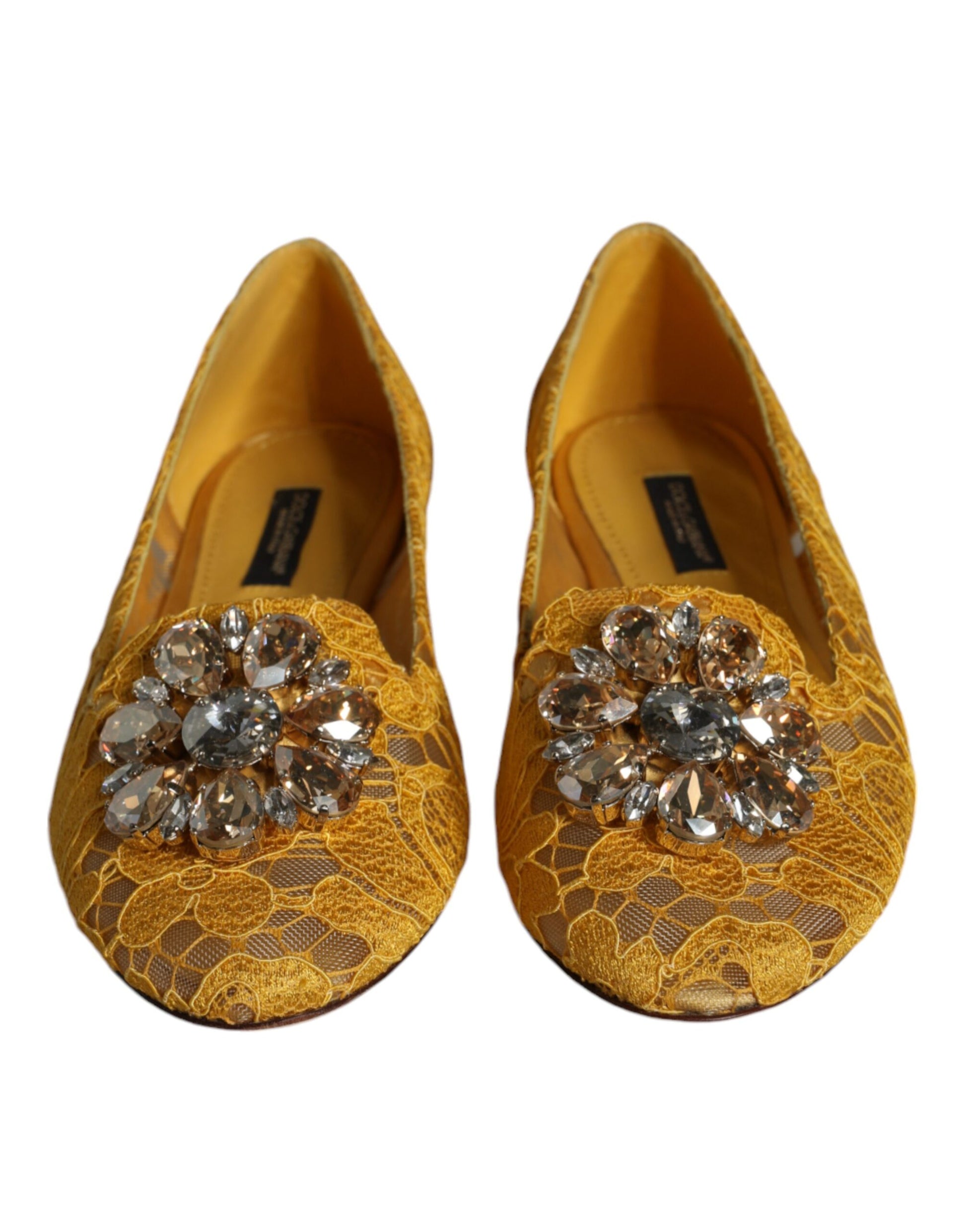 Ballerines mocassins Dolce &amp; Gabbana en dentelle moutarde et cristaux