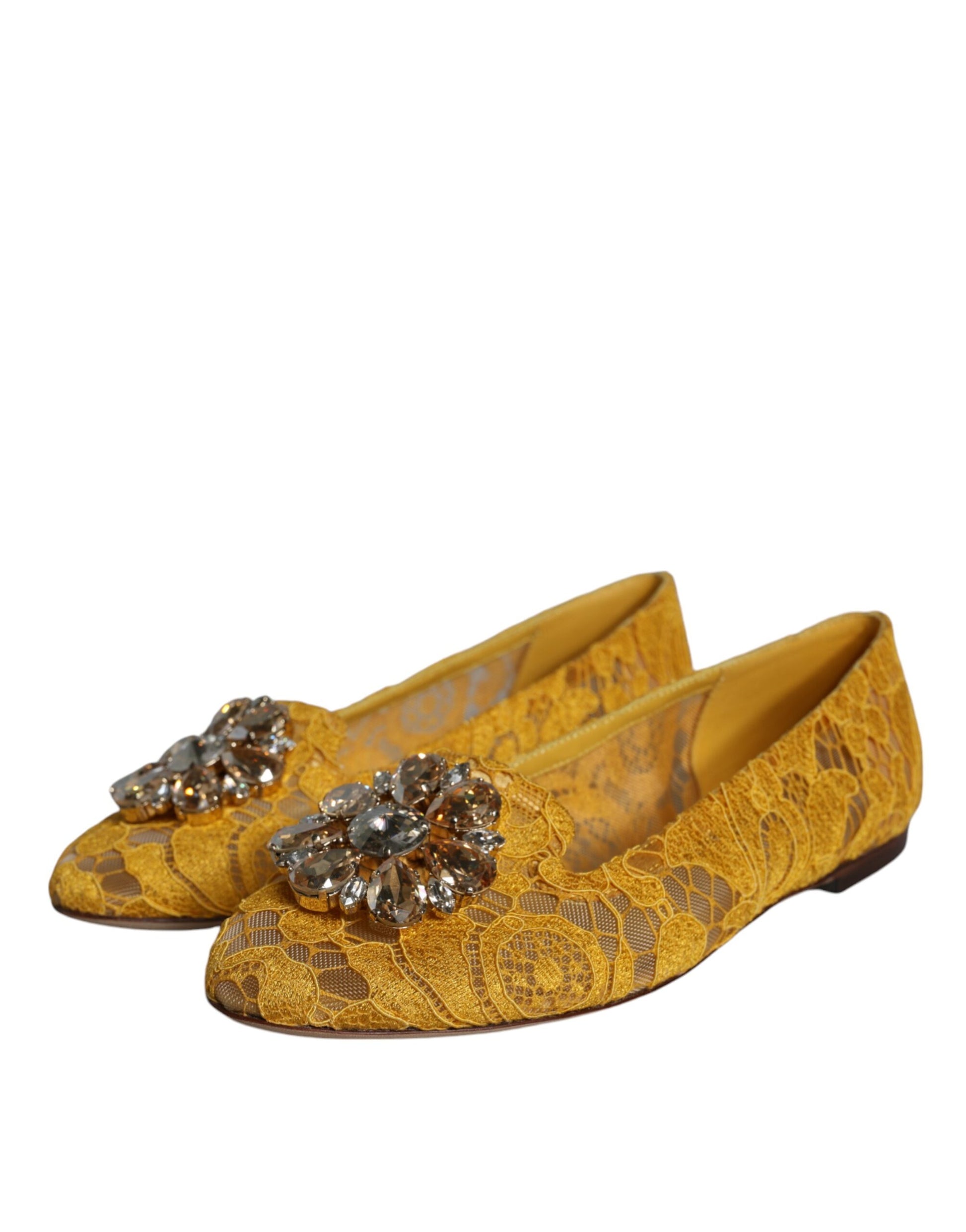 Ballerines mocassins Dolce &amp; Gabbana en dentelle moutarde et cristaux