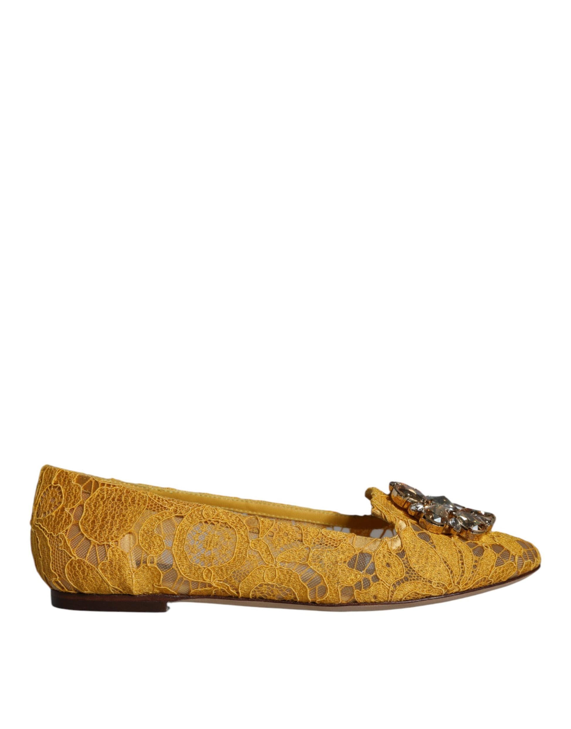 Ballerines mocassins Dolce &amp; Gabbana en dentelle moutarde et cristaux