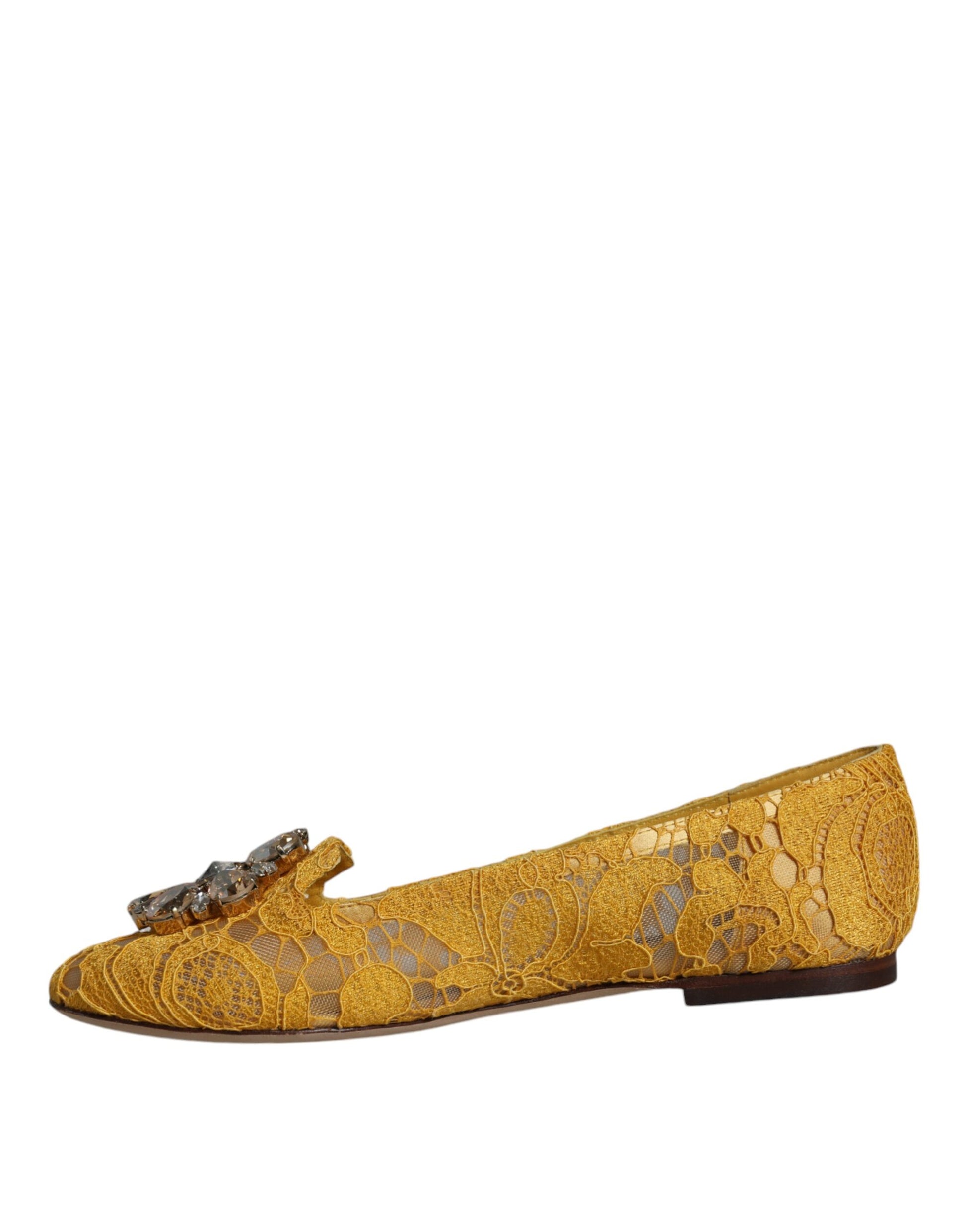 Ballerines mocassins Dolce &amp; Gabbana en dentelle moutarde et cristaux