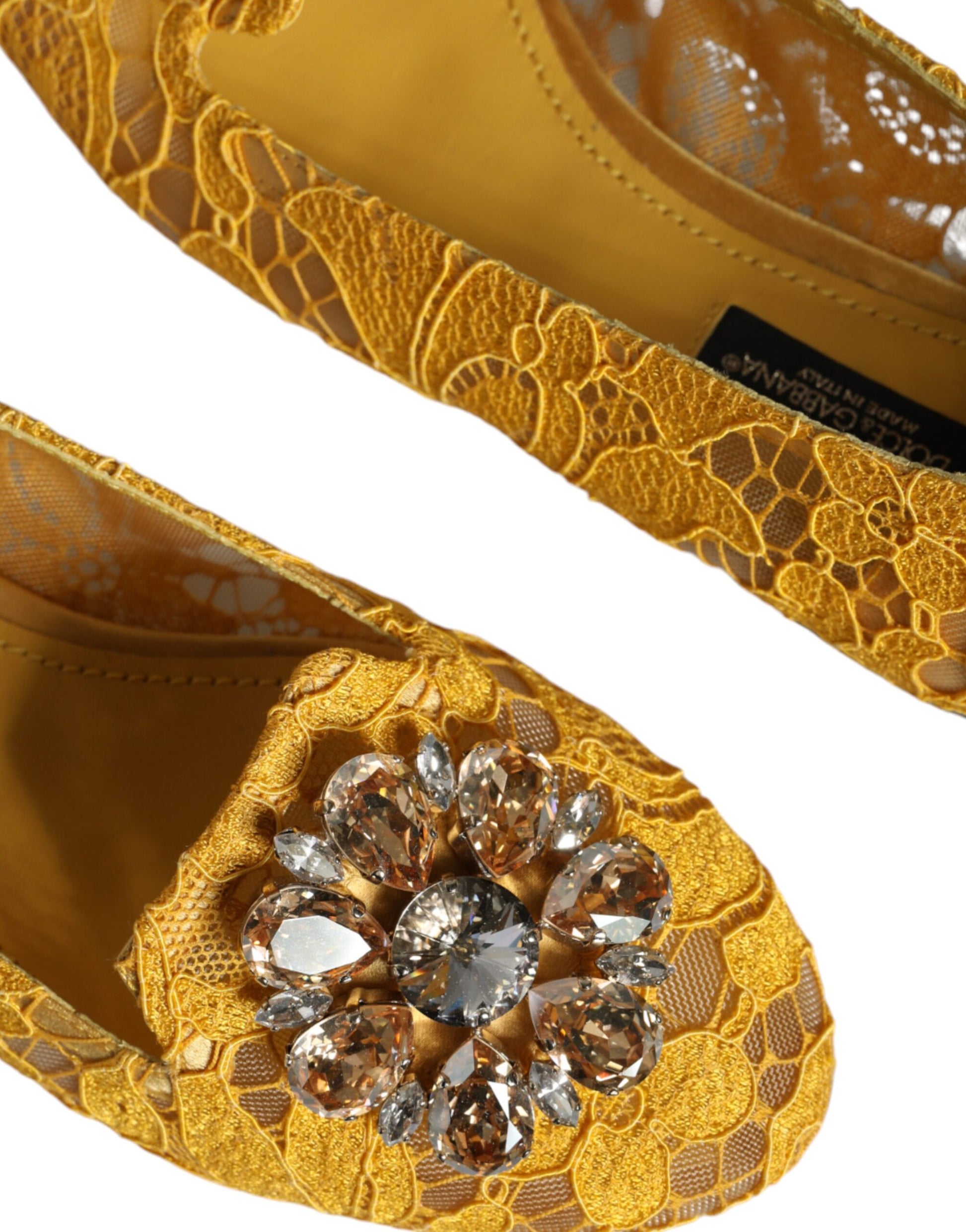 Ballerines mocassins Dolce &amp; Gabbana en dentelle moutarde et cristaux