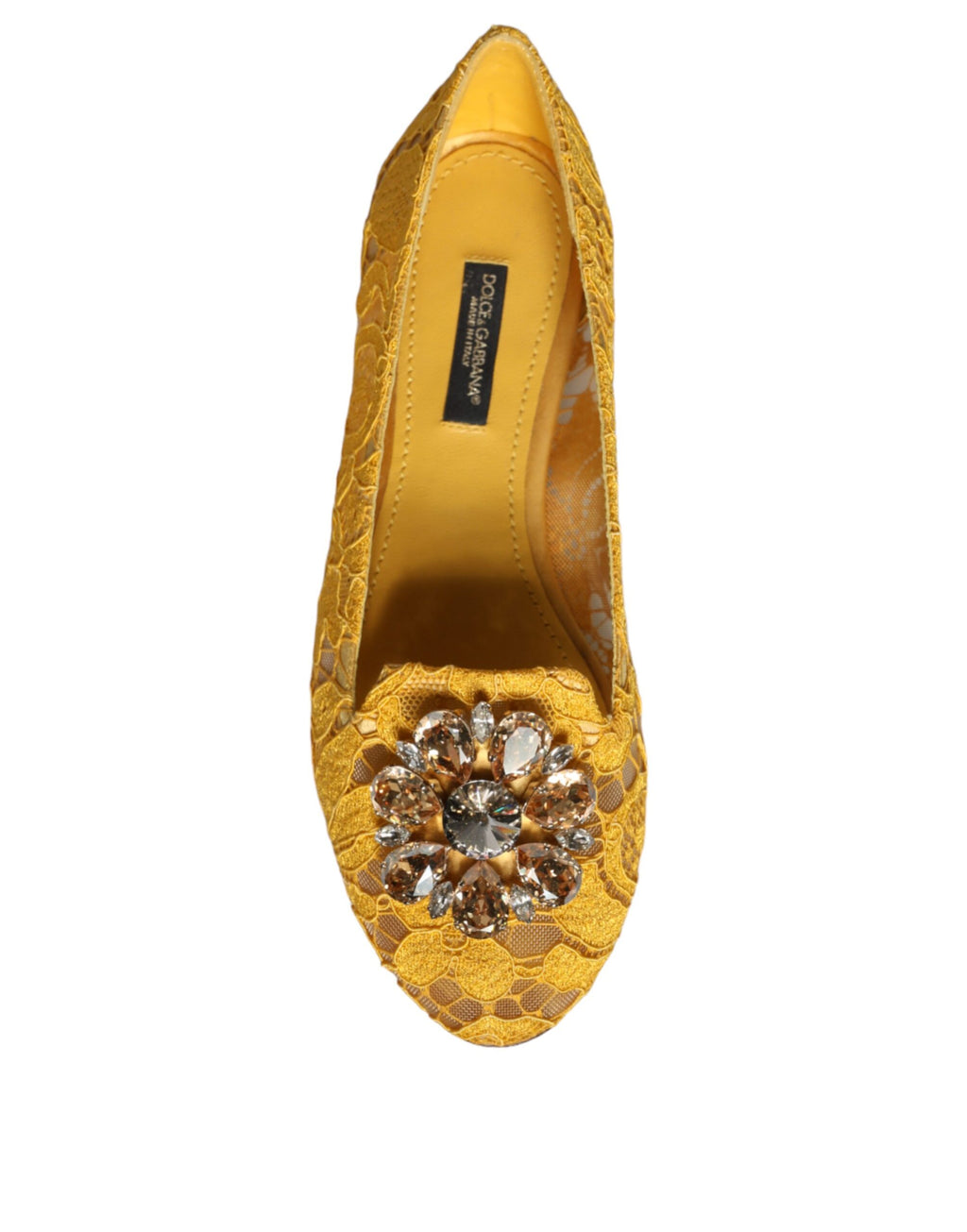 Ballerines mocassins Dolce &amp; Gabbana en dentelle moutarde et cristaux