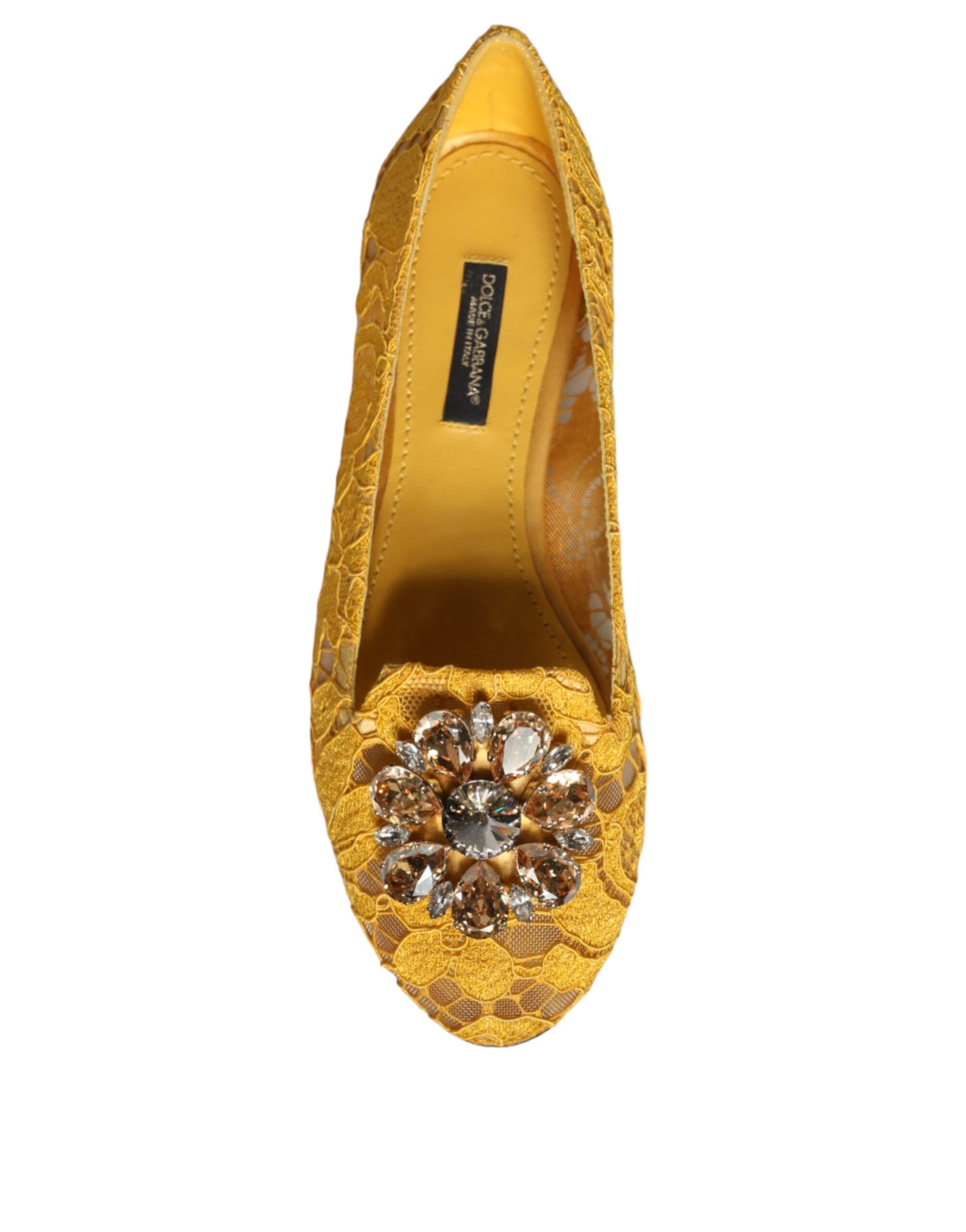 Ballerines mocassins Dolce &amp; Gabbana en dentelle moutarde et cristaux