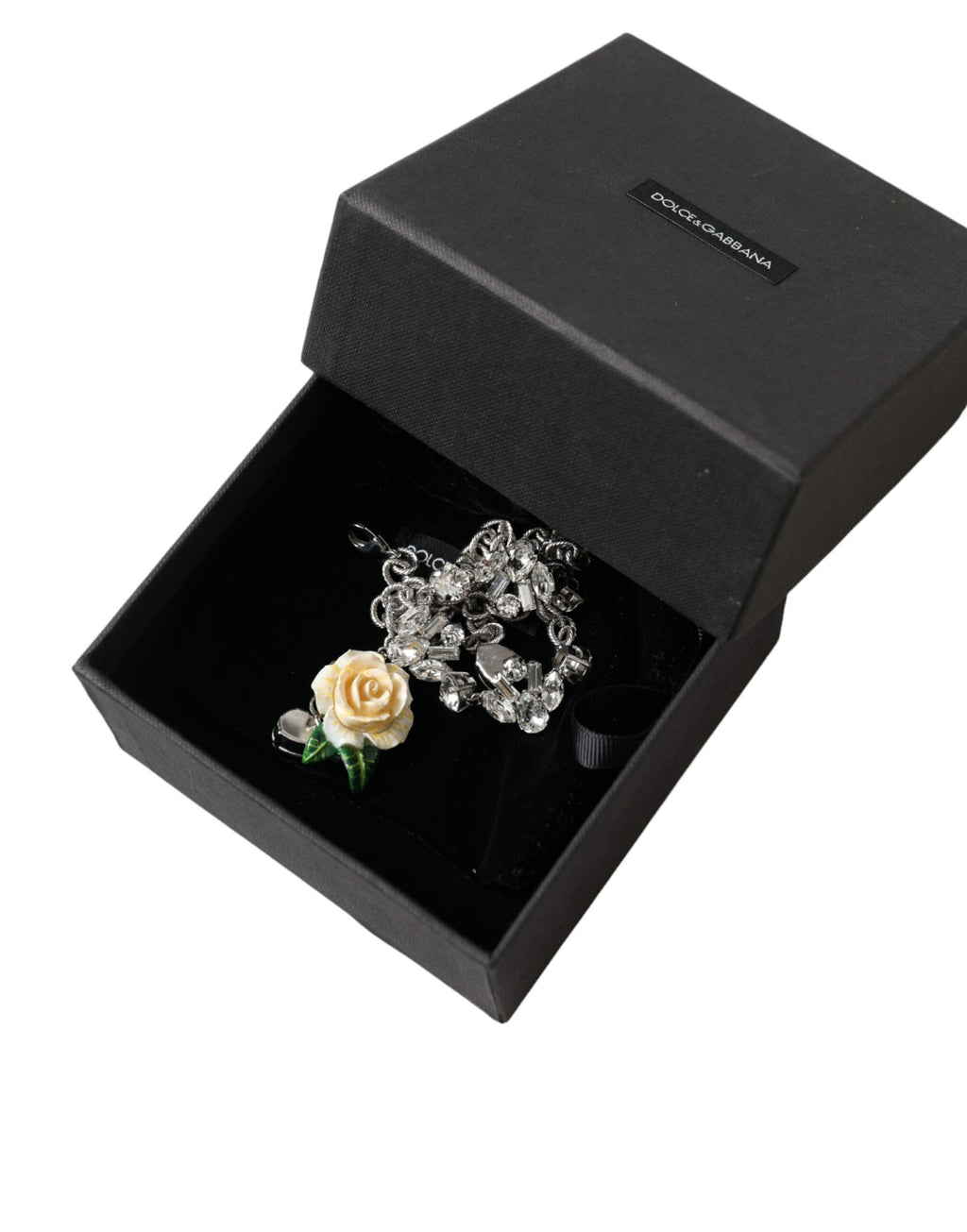 Collier Dolce &amp; Gabbana avec pendentifs roses en cristal transparent et laiton argenté