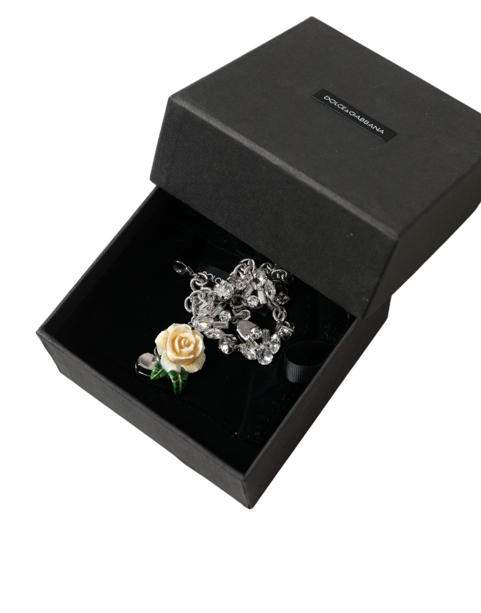 Collier Dolce &amp; Gabbana avec pendentifs roses en cristal transparent et laiton argenté
