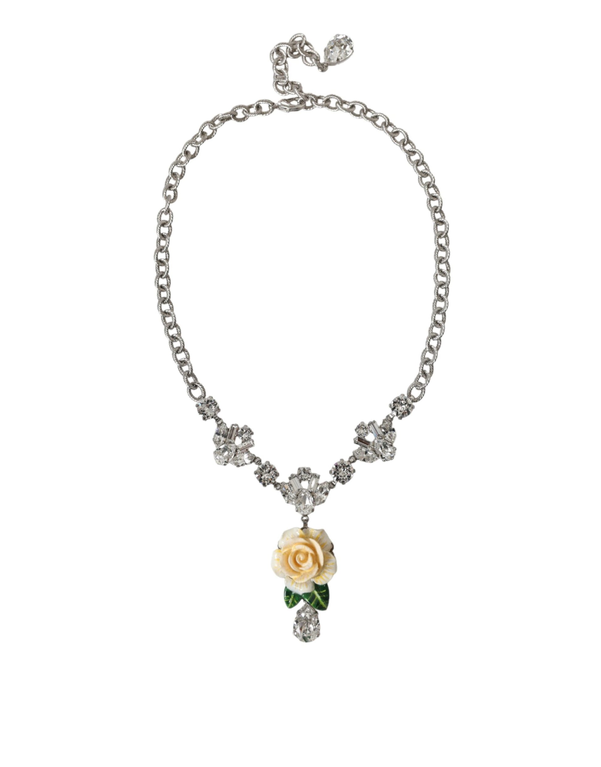 Collier Dolce &amp; Gabbana avec pendentifs roses en cristal transparent et laiton argenté