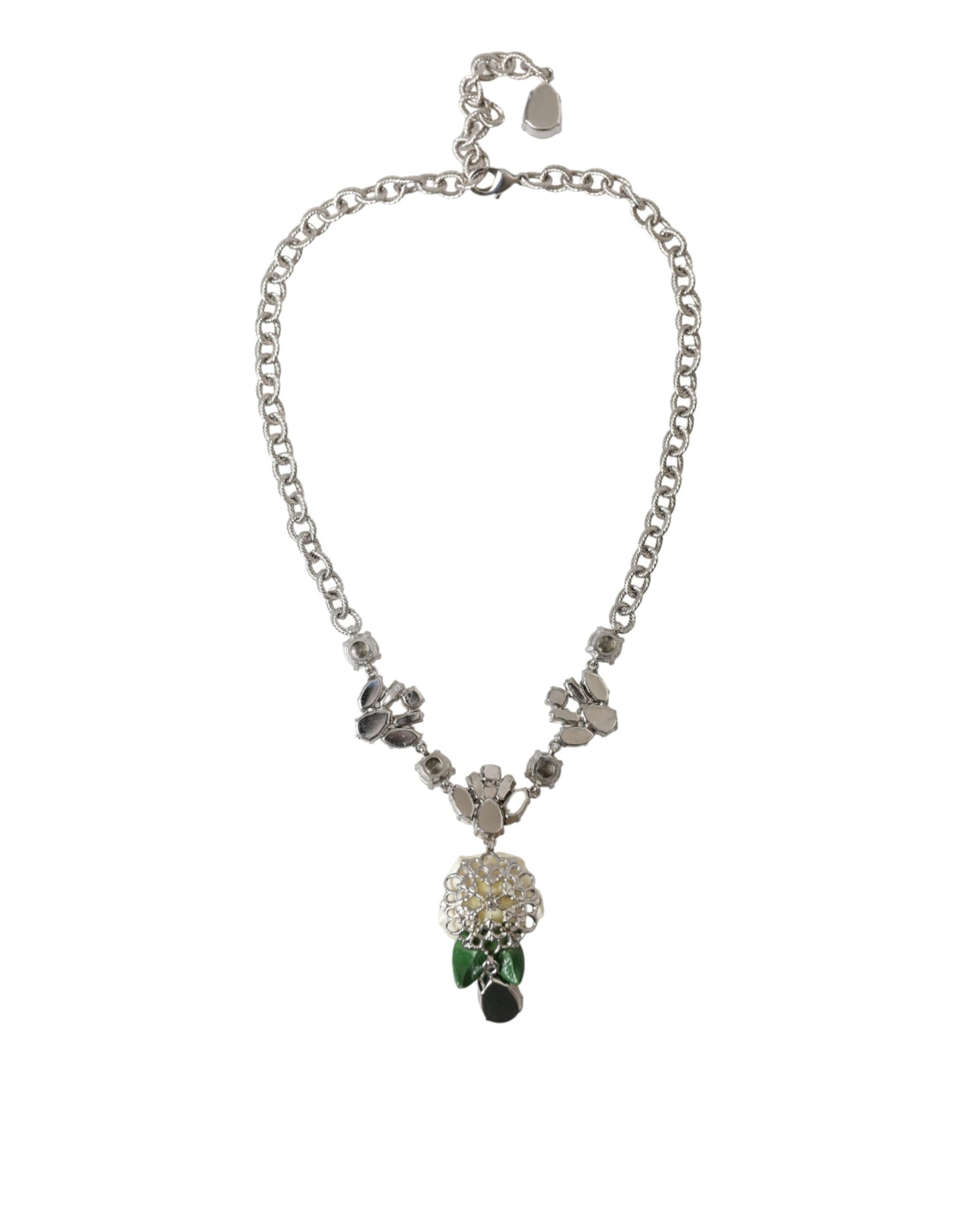 Collier Dolce &amp; Gabbana avec pendentifs roses en cristal transparent et laiton argenté