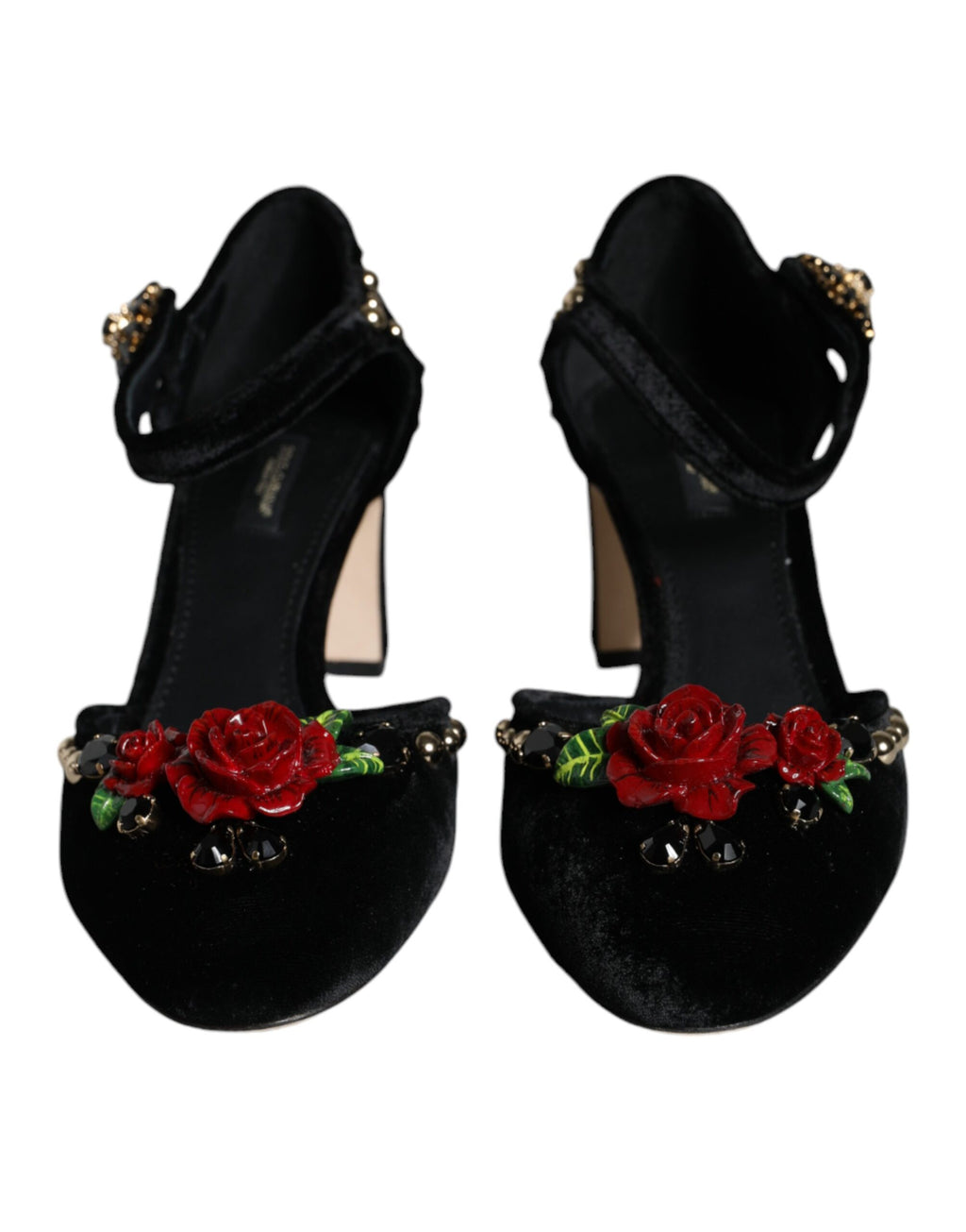 Escarpins Dolce &amp; Gabbana en velours noir avec bride cheville et roses