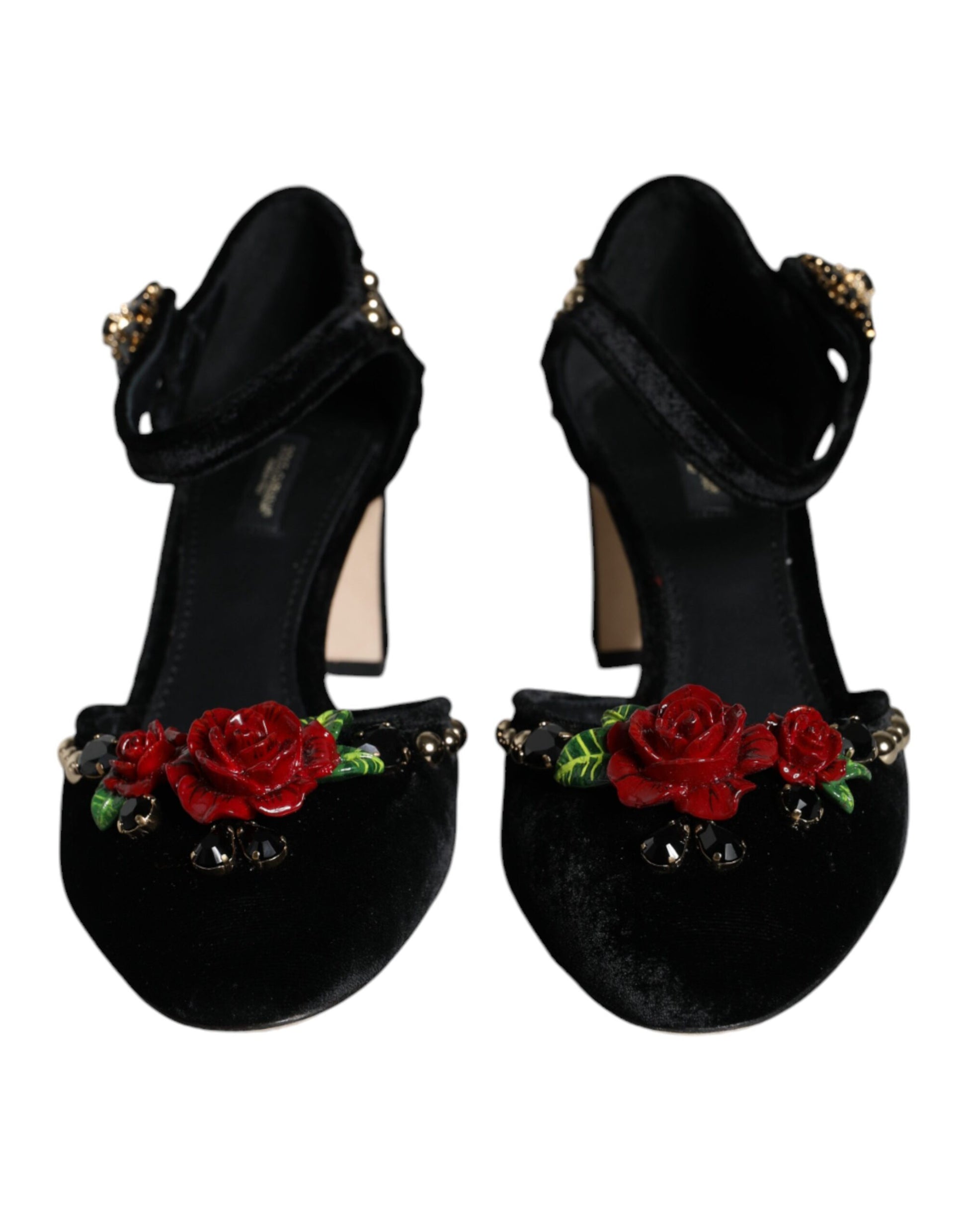 Escarpins Dolce &amp; Gabbana en velours noir avec bride cheville et roses