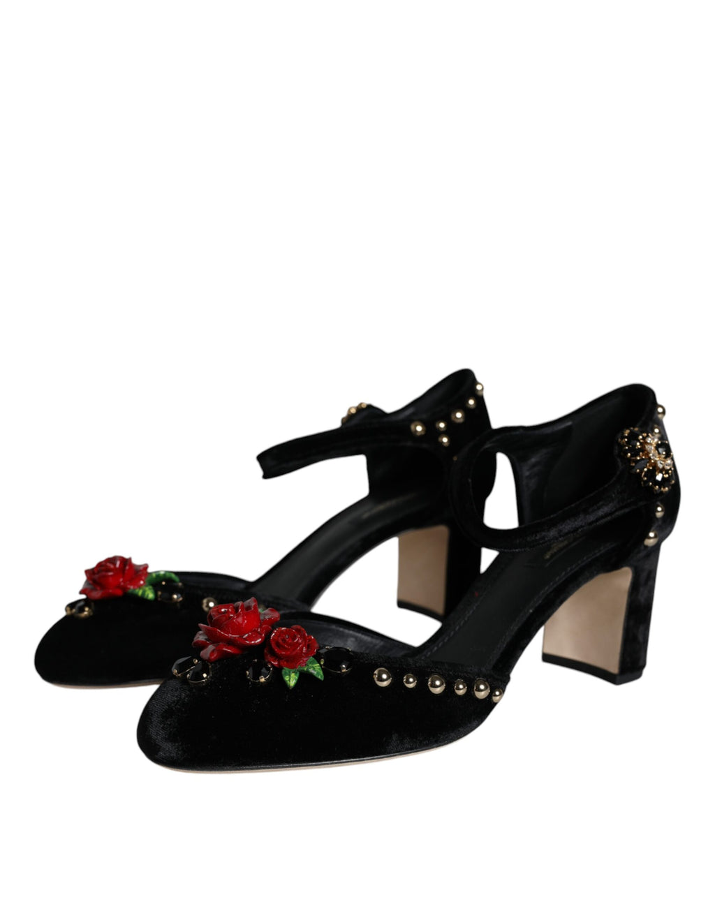Escarpins Dolce &amp; Gabbana en velours noir avec bride cheville et roses