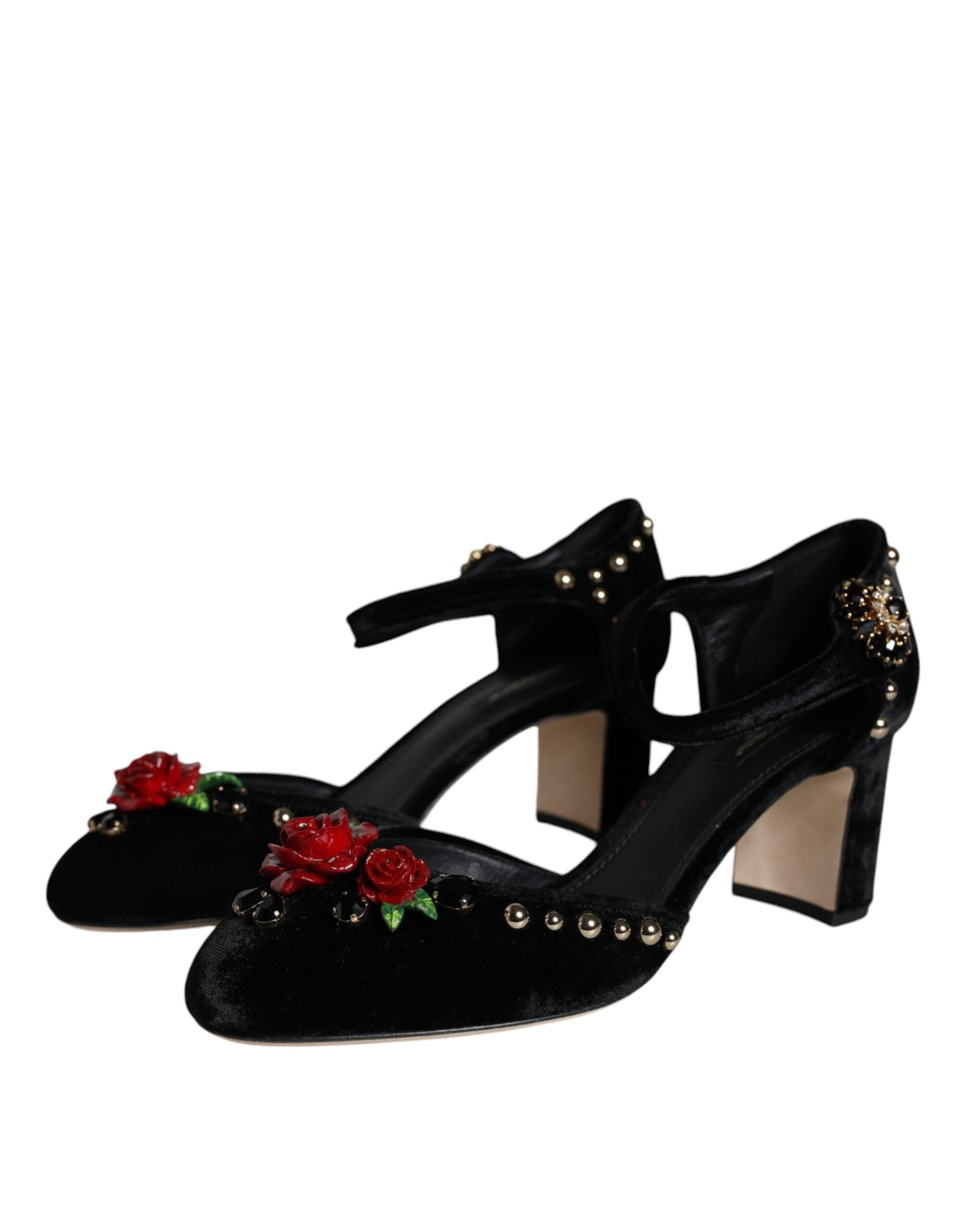 Escarpins Dolce &amp; Gabbana en velours noir avec bride cheville et roses