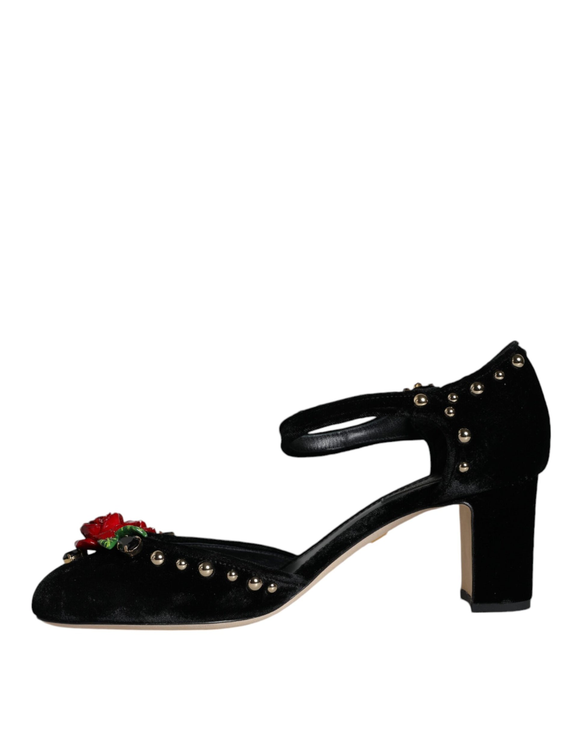 Escarpins Dolce &amp; Gabbana en velours noir avec bride cheville et roses