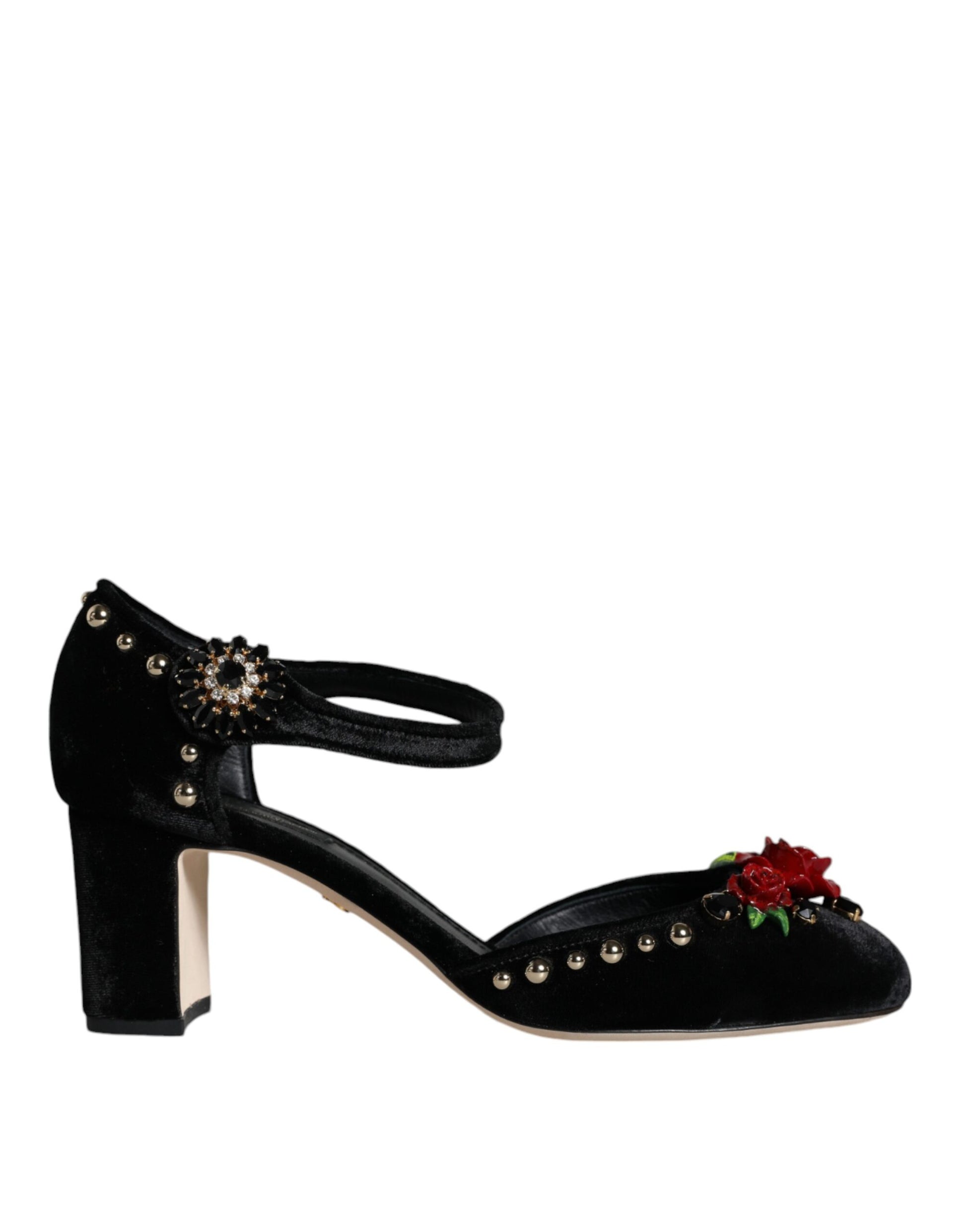 Escarpins Dolce &amp; Gabbana en velours noir avec bride cheville et roses
