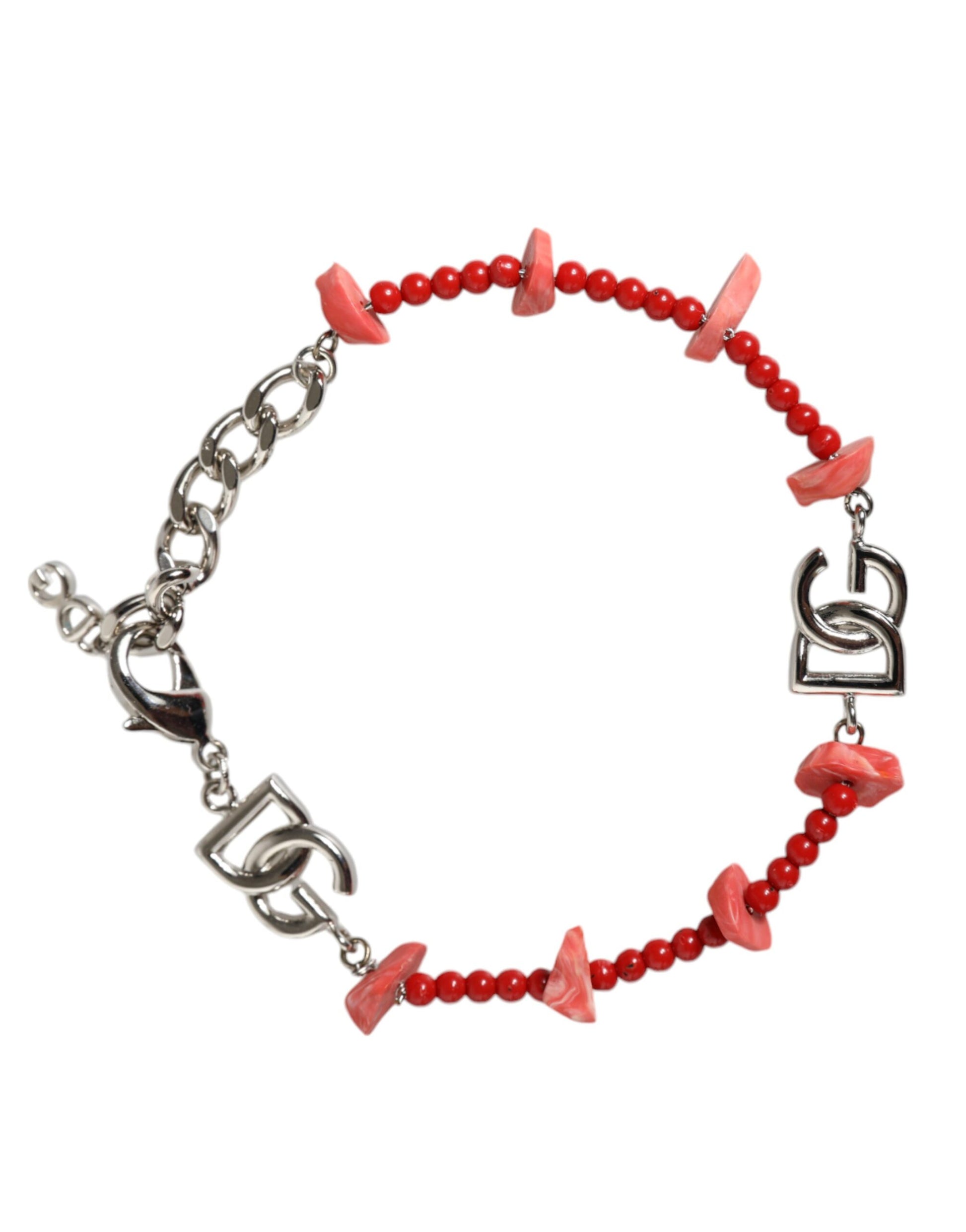 Bracelet chaîne Dolce &amp; Gabbana en laiton argenté avec perles et logo DG