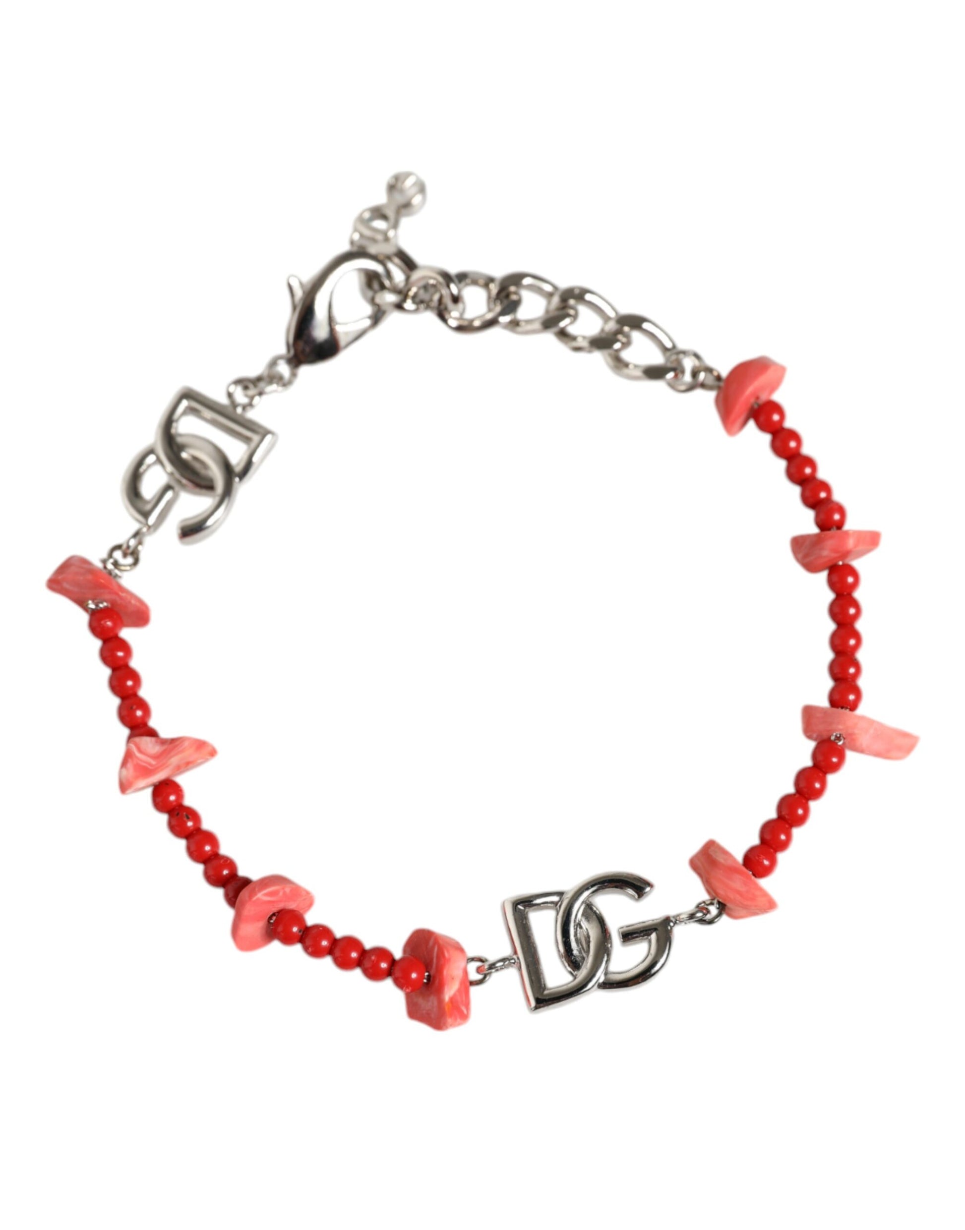 Bracelet chaîne Dolce &amp; Gabbana en laiton argenté avec perles et logo DG