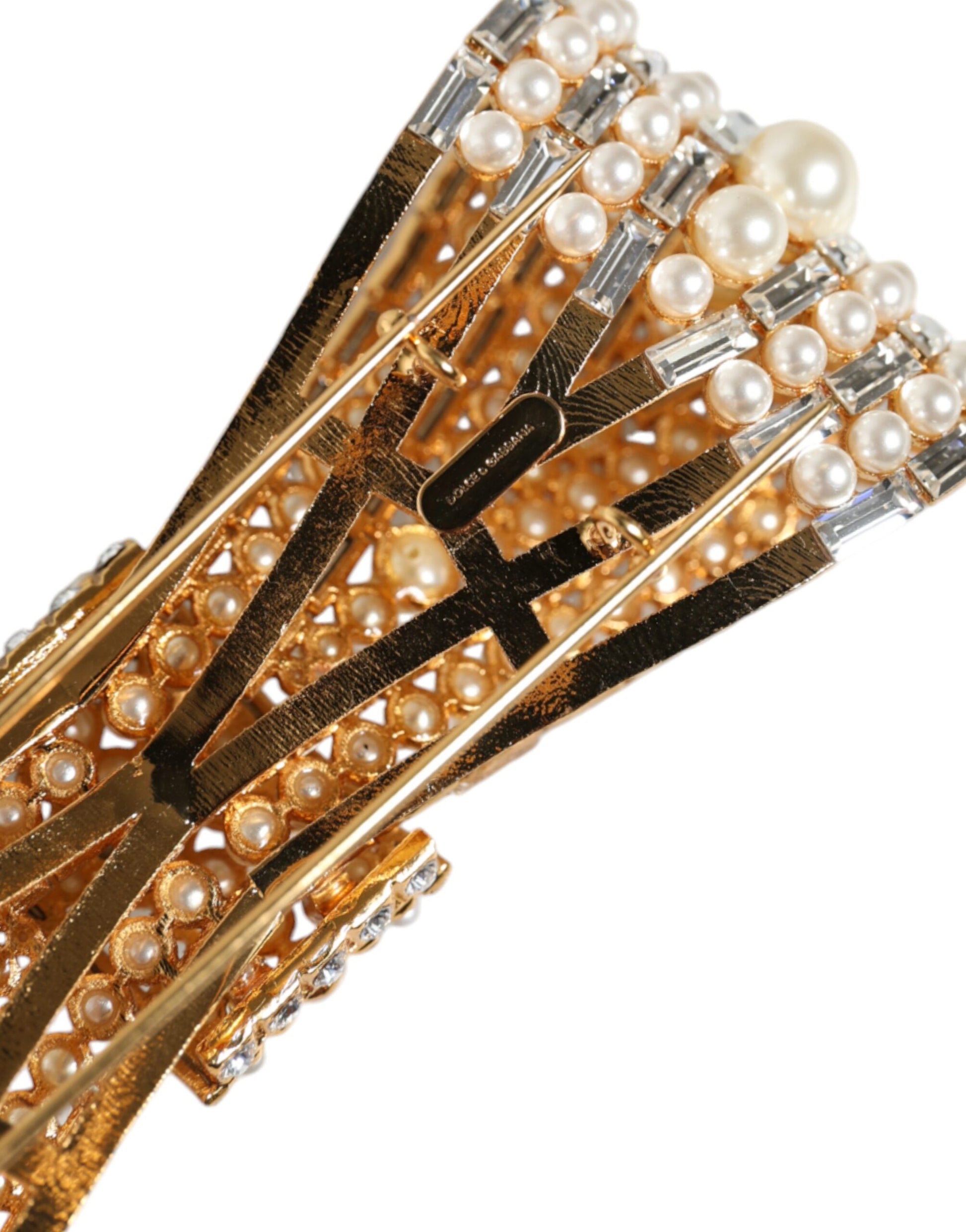Broche Dolce &amp; Gabbana en laiton doré ornée de fausses perles et de cristaux