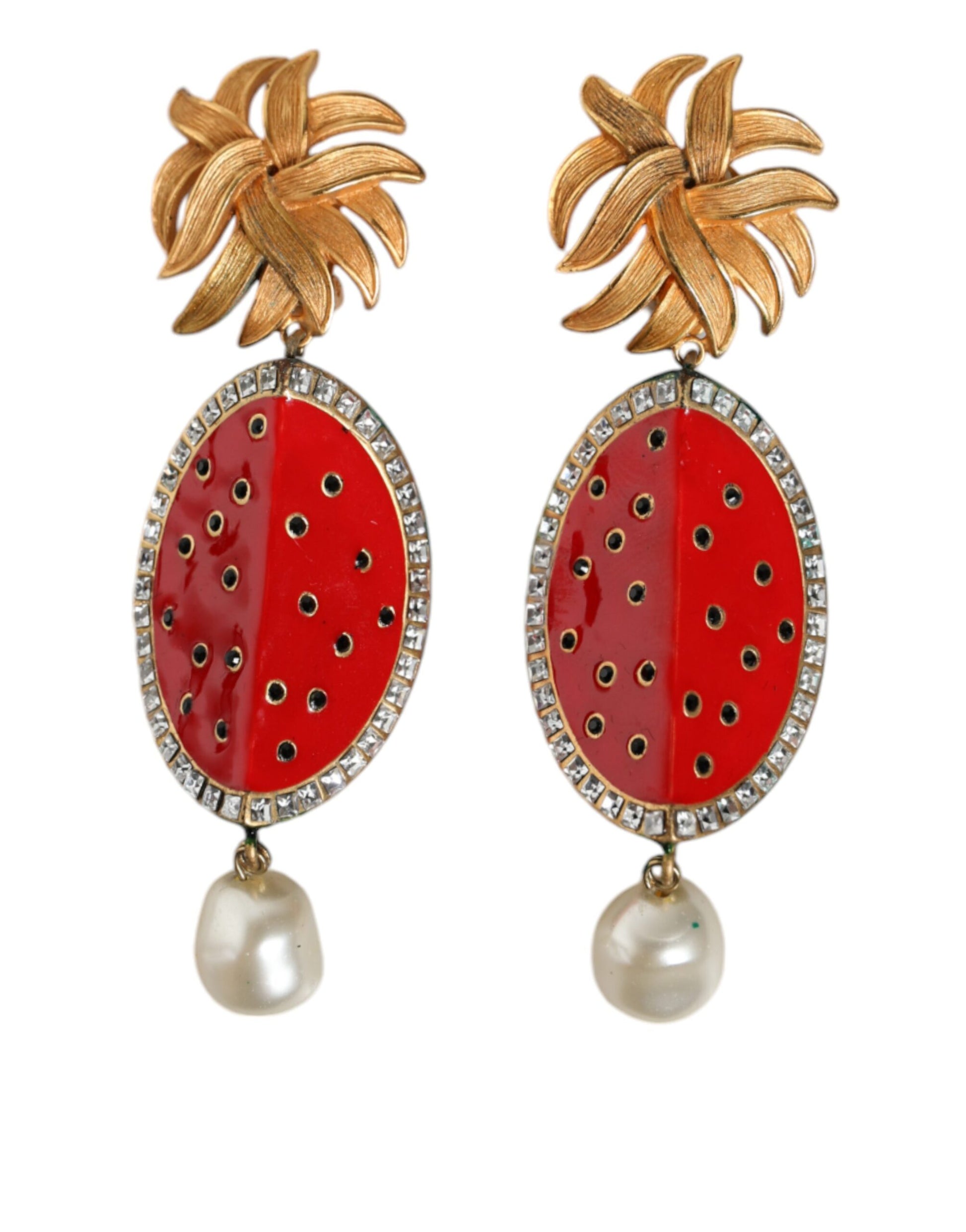 Boucles d'oreilles pendantes Dolce &amp; Gabbana en laiton doré et cristal pastèque rouge