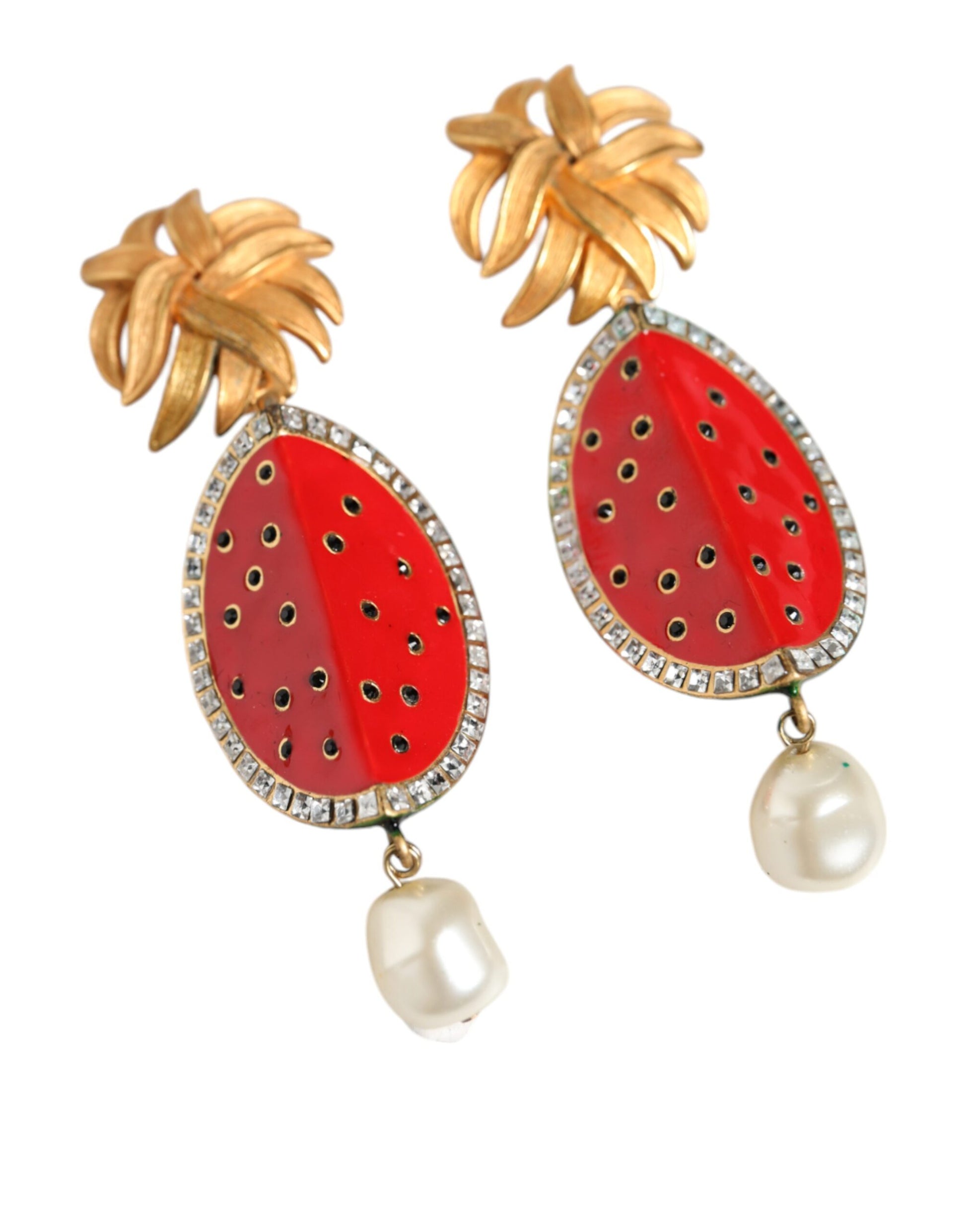 Boucles d'oreilles pendantes Dolce &amp; Gabbana en laiton doré et cristal pastèque rouge