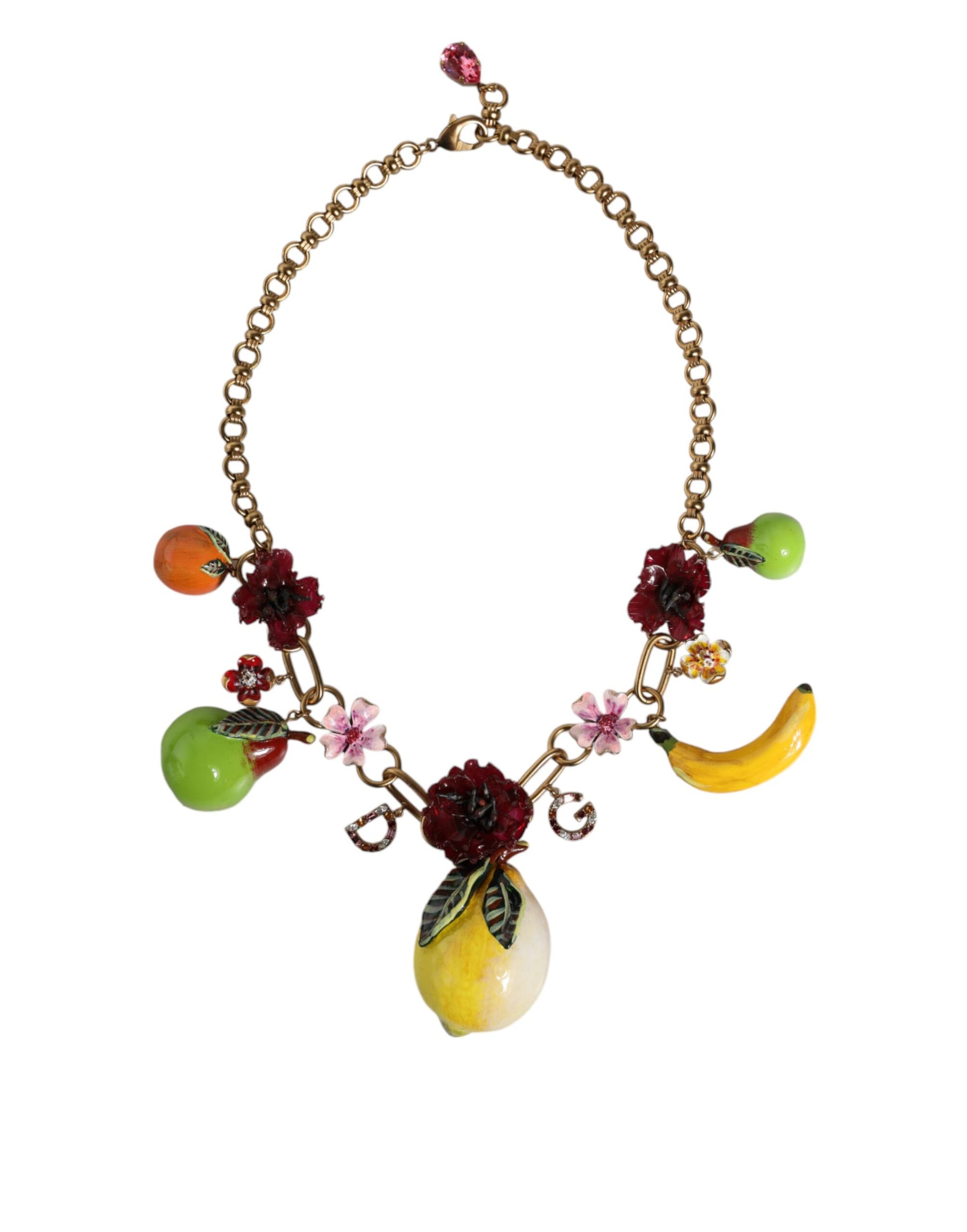 Collier Dolce &amp; Gabbana avec pendentifs en laiton doré et logo en cristal et fleurs