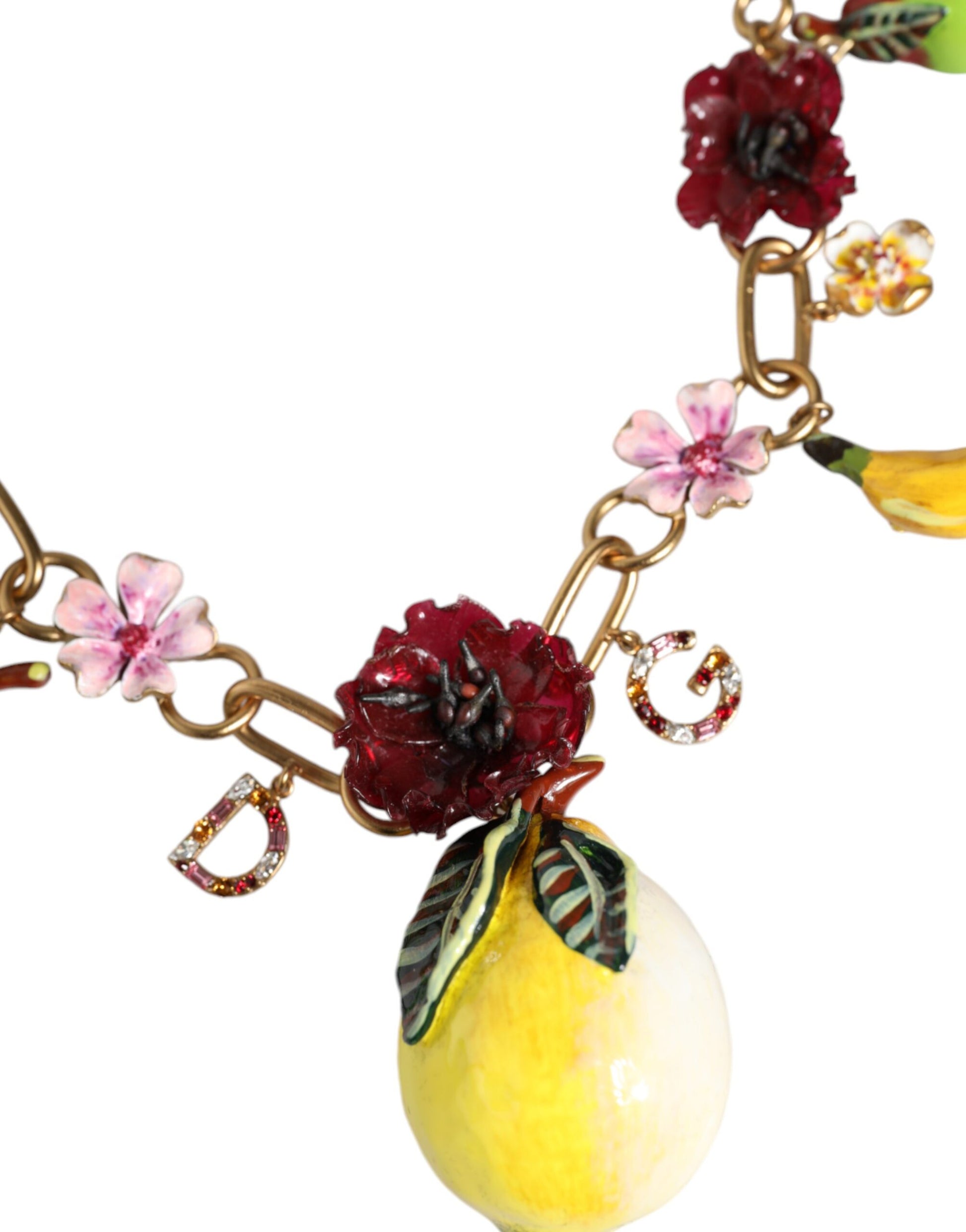 Collier Dolce &amp; Gabbana avec pendentifs en laiton doré et logo en cristal et fleurs