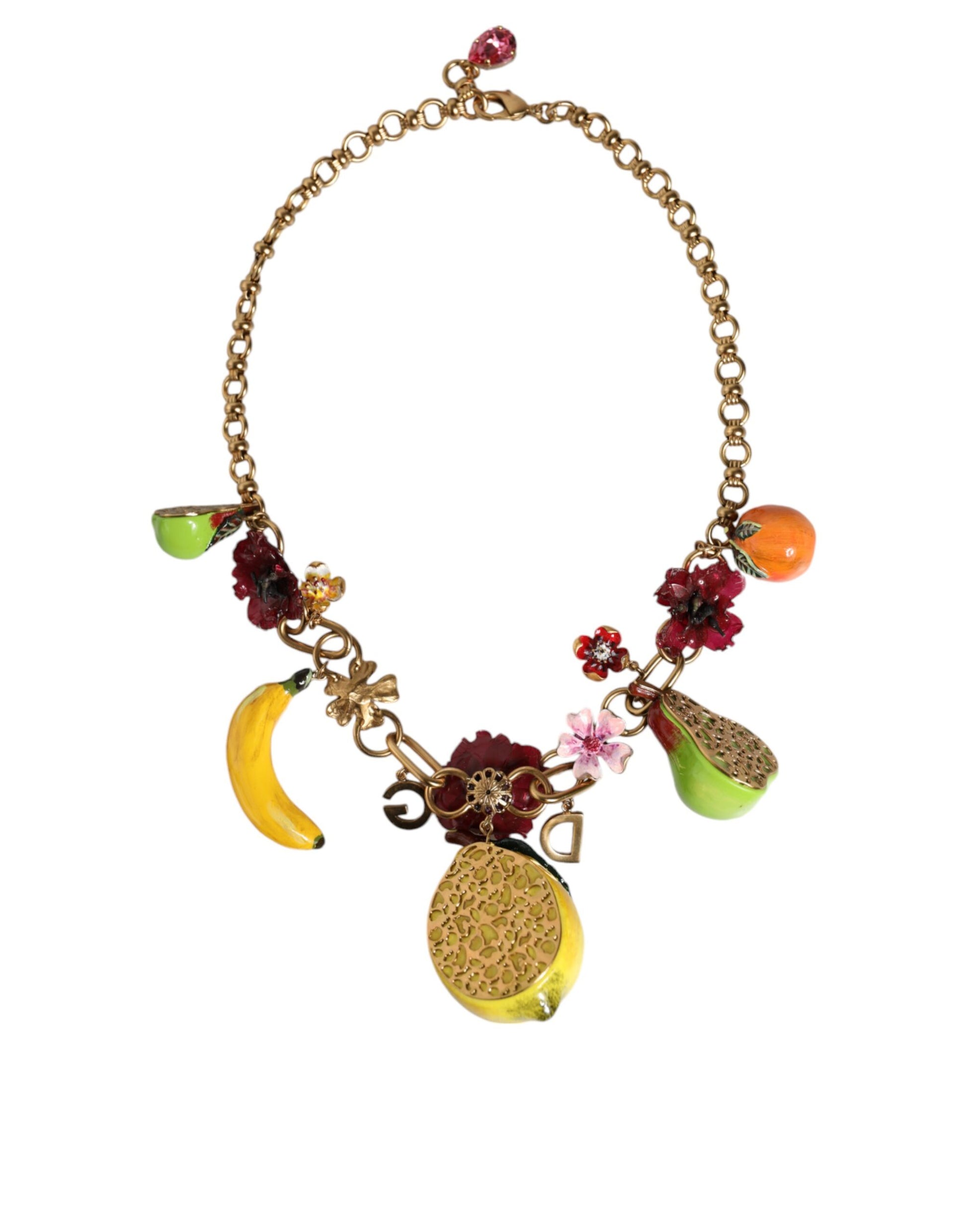 Collier Dolce &amp; Gabbana avec pendentifs en laiton doré et logo en cristal et fleurs