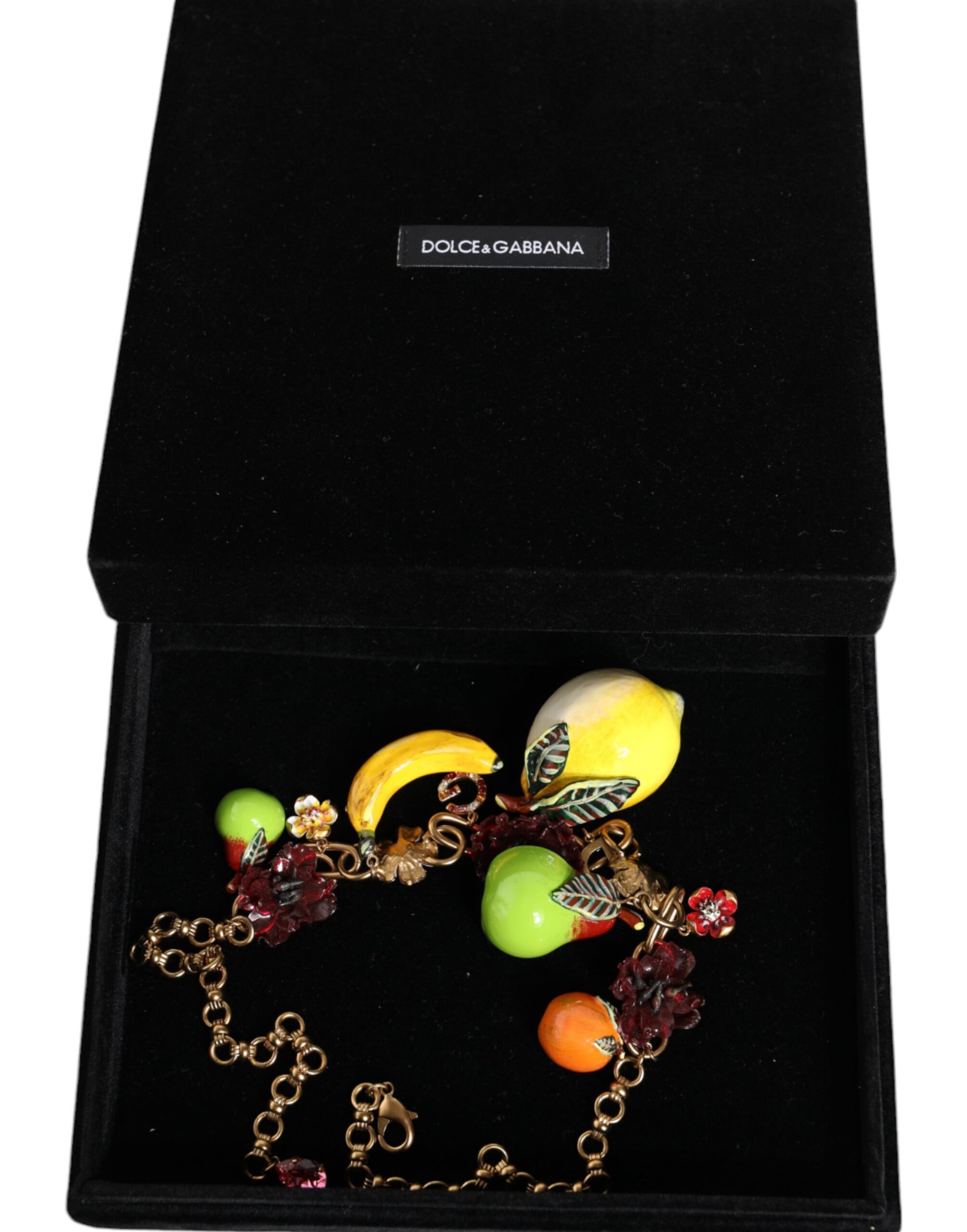 Collier Dolce &amp; Gabbana avec pendentifs en laiton doré et logo en cristal et fleurs