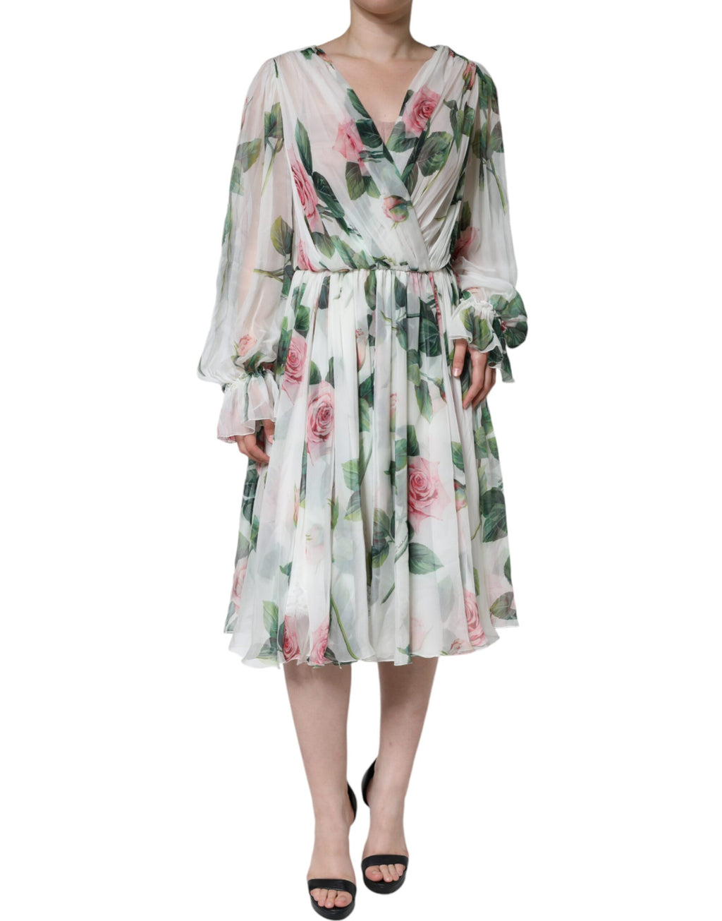 Robe mi-longue trapèze à imprimé floral en soie blanche Dolce &amp; Gabbana