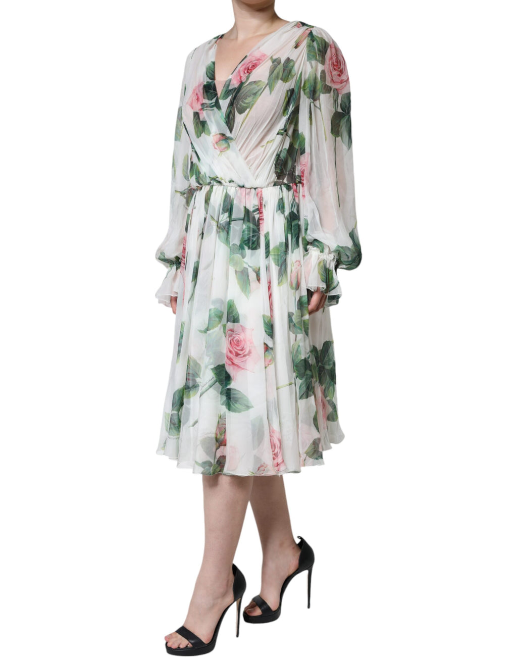 Robe mi-longue trapèze à imprimé floral en soie blanche Dolce &amp; Gabbana
