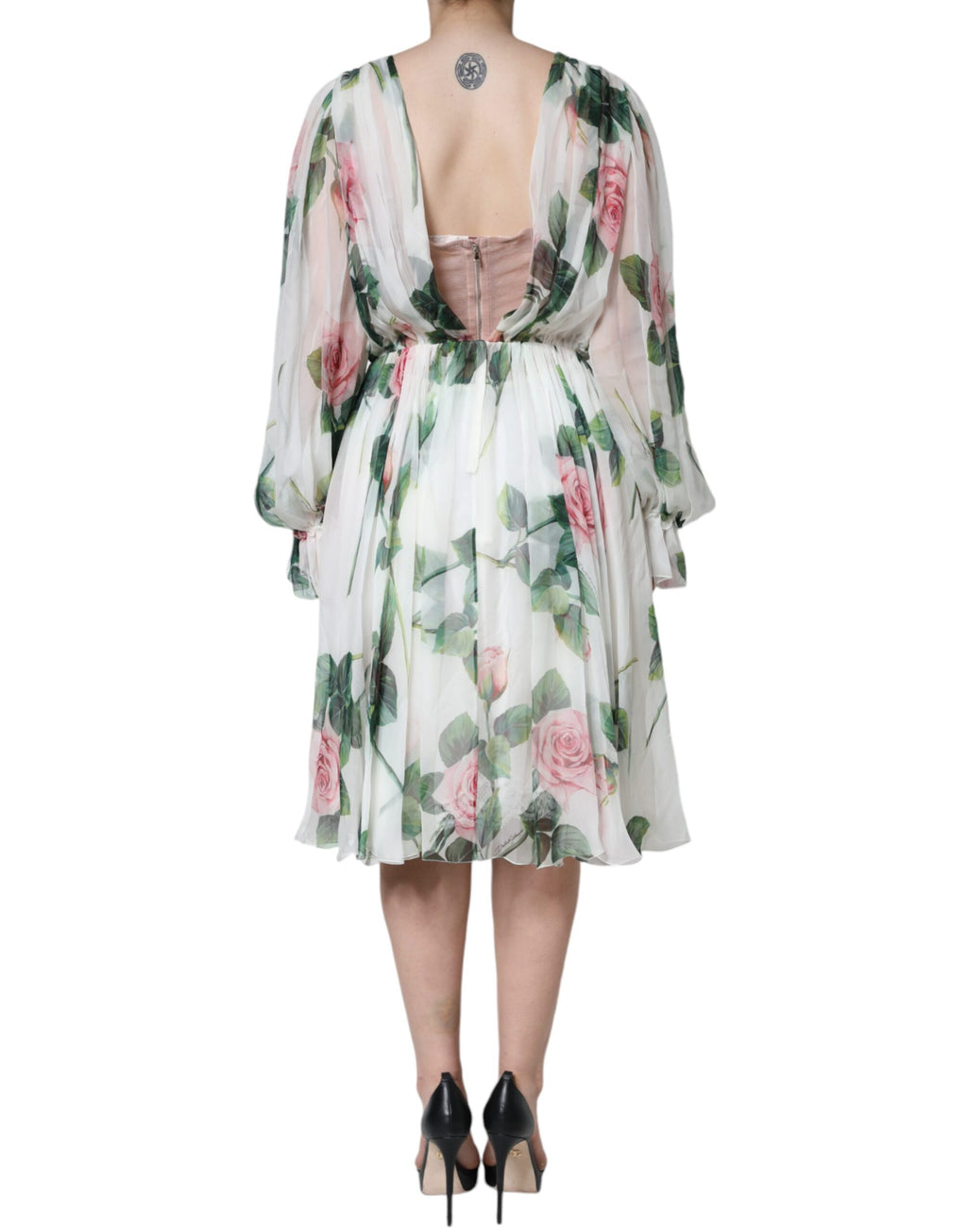 Robe mi-longue trapèze à imprimé floral en soie blanche Dolce &amp; Gabbana