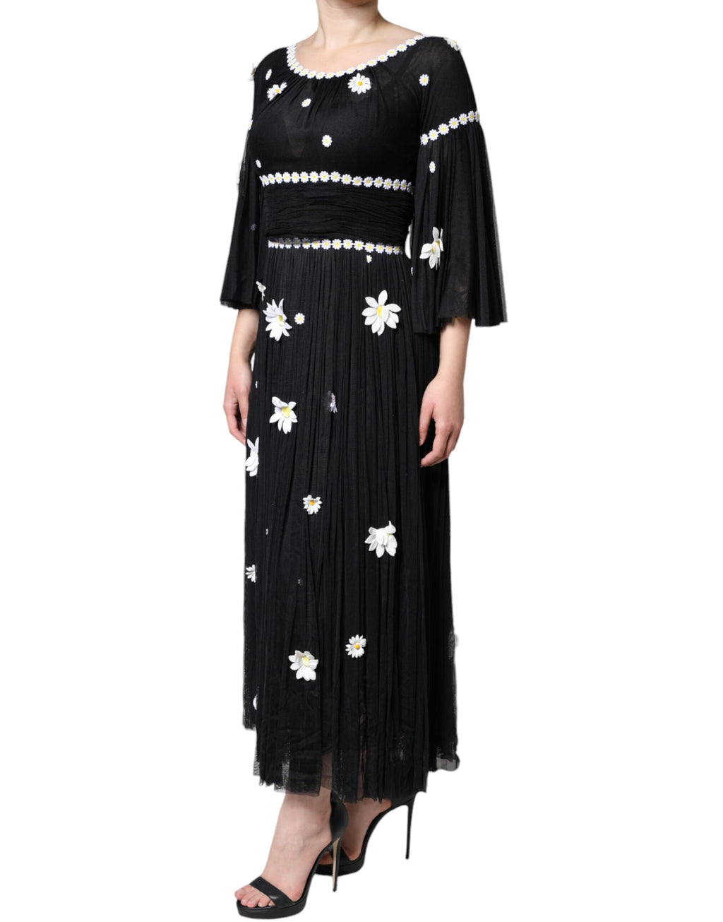 Robe longue trapèze en soie noire à imprimé marguerites Dolce &amp; Gabbana
