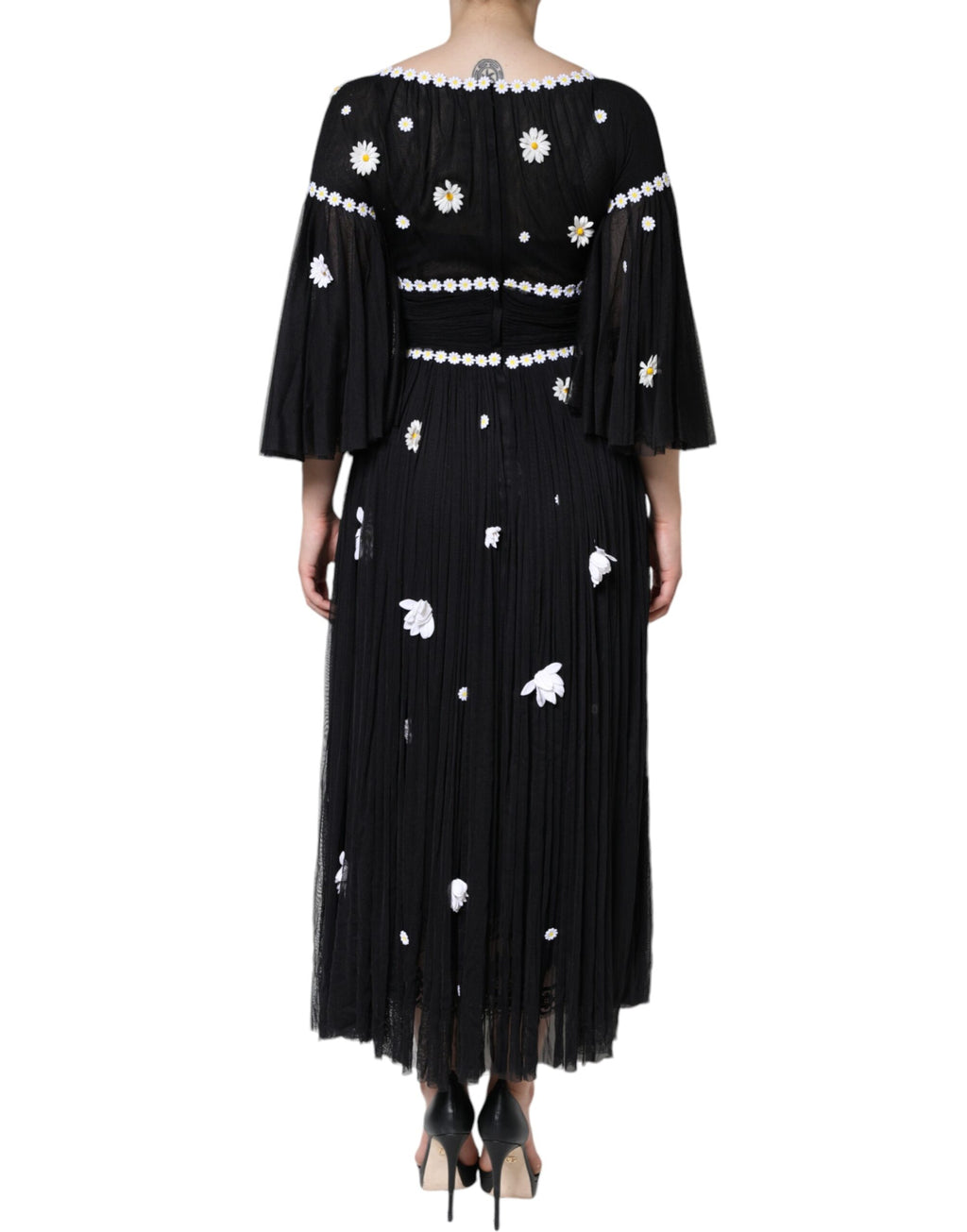 Robe longue trapèze en soie noire à imprimé marguerites Dolce &amp; Gabbana