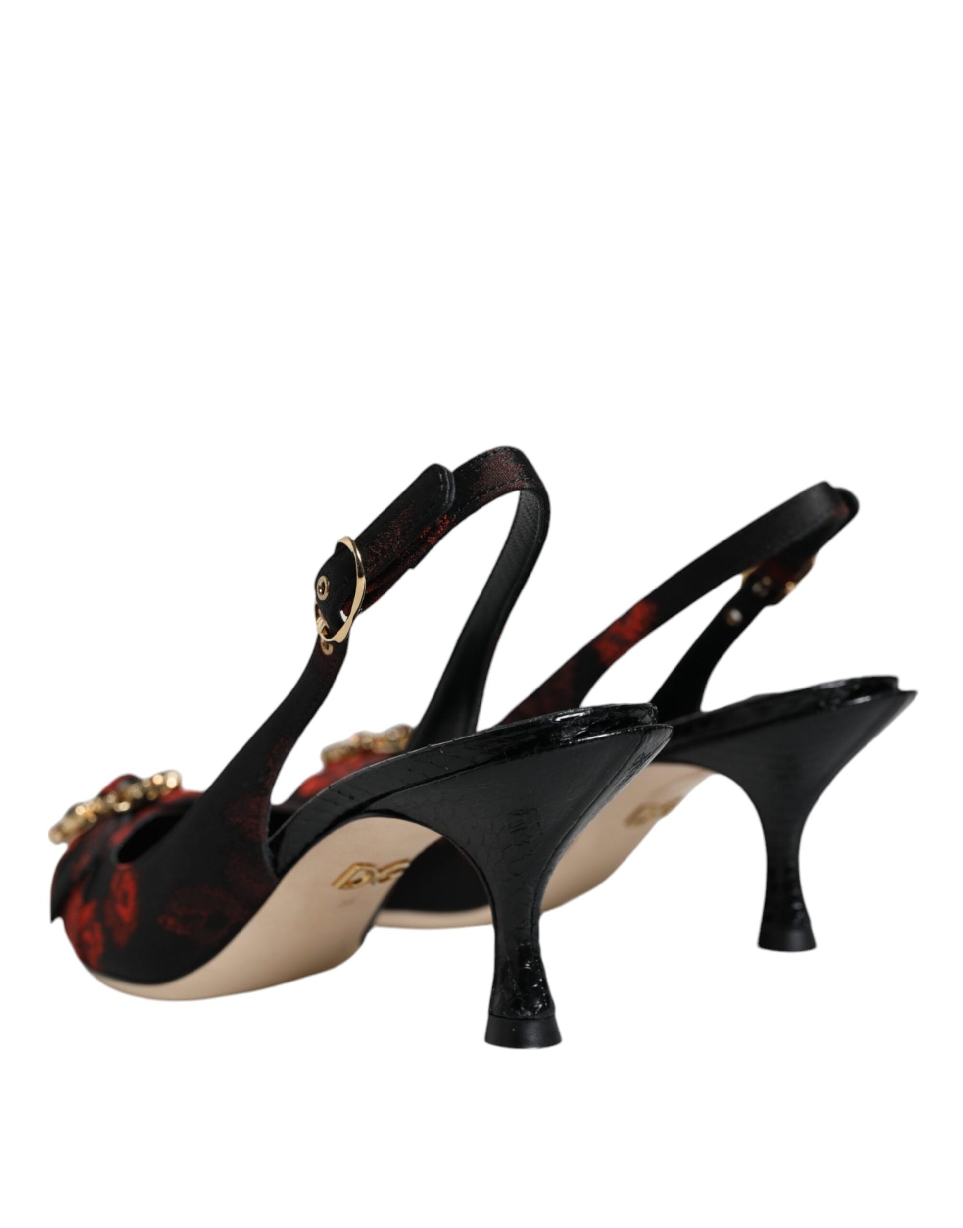 Chaussures à talon et bride arrière Dolce &amp; Gabbana à fleurs noires et rouges en cristal