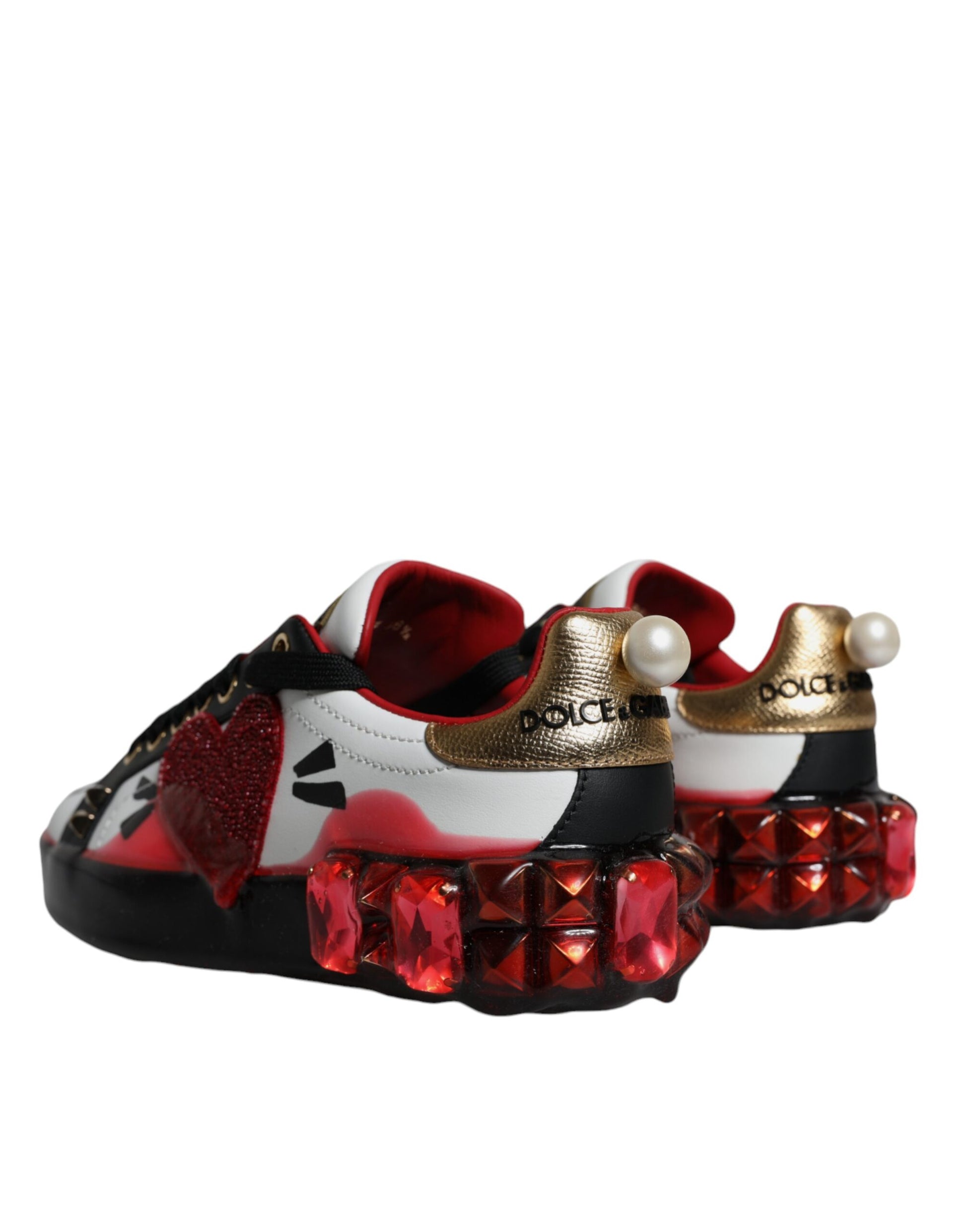 Baskets Portofino en cuir blanc et rouge à cristaux Dolce &amp; Gabbana