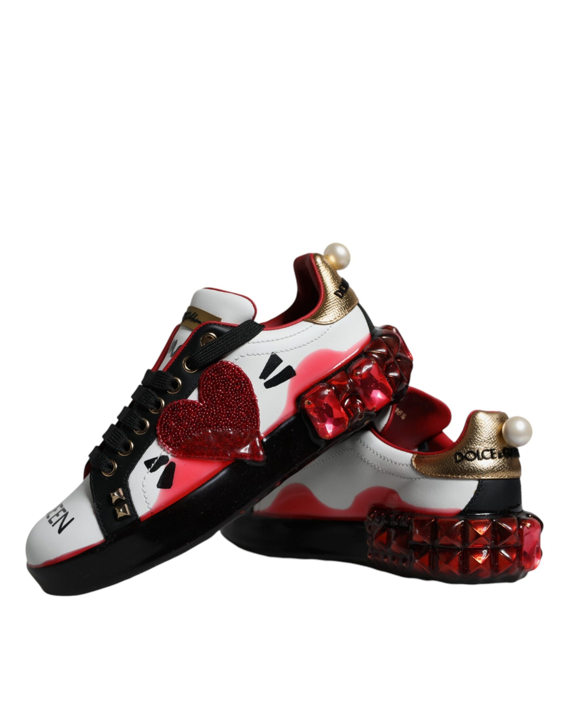 Baskets Portofino en cuir blanc et rouge à cristaux Dolce &amp; Gabbana