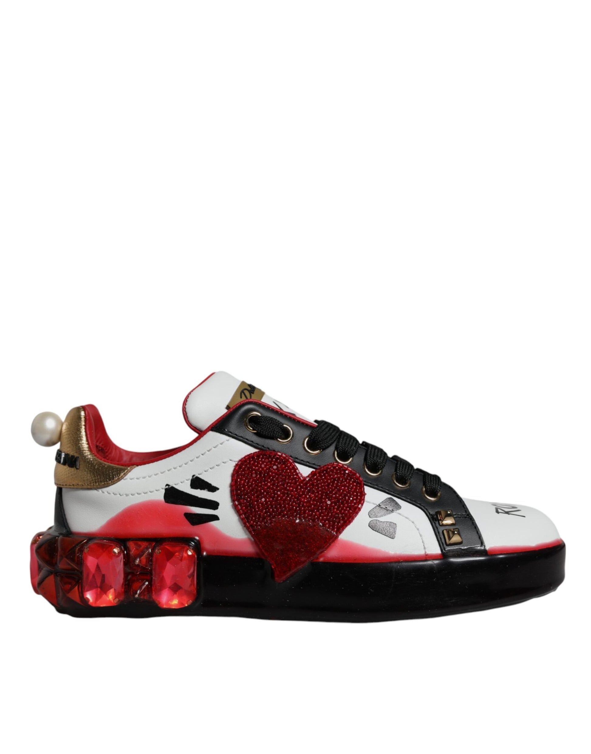 Baskets Portofino en cuir blanc et rouge à cristaux Dolce &amp; Gabbana