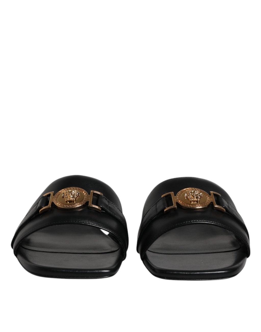 Claquettes plates à enfiler en cuir noir avec plaque logo Versace