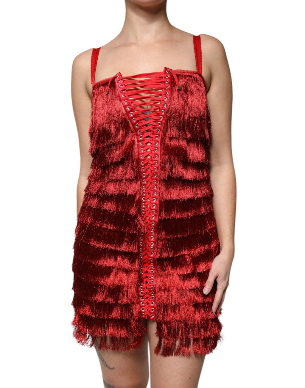 Robe fourreau courte sans manches en dentelle rouge à pompons Dolce &amp; Gabbana