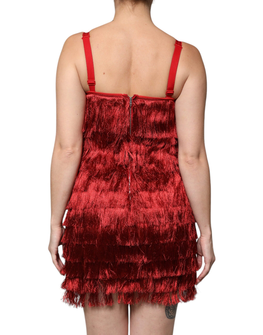 Robe fourreau courte sans manches en dentelle rouge à pompons Dolce &amp; Gabbana