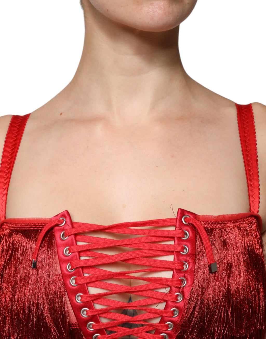 Robe fourreau courte sans manches en dentelle rouge à pompons Dolce &amp; Gabbana