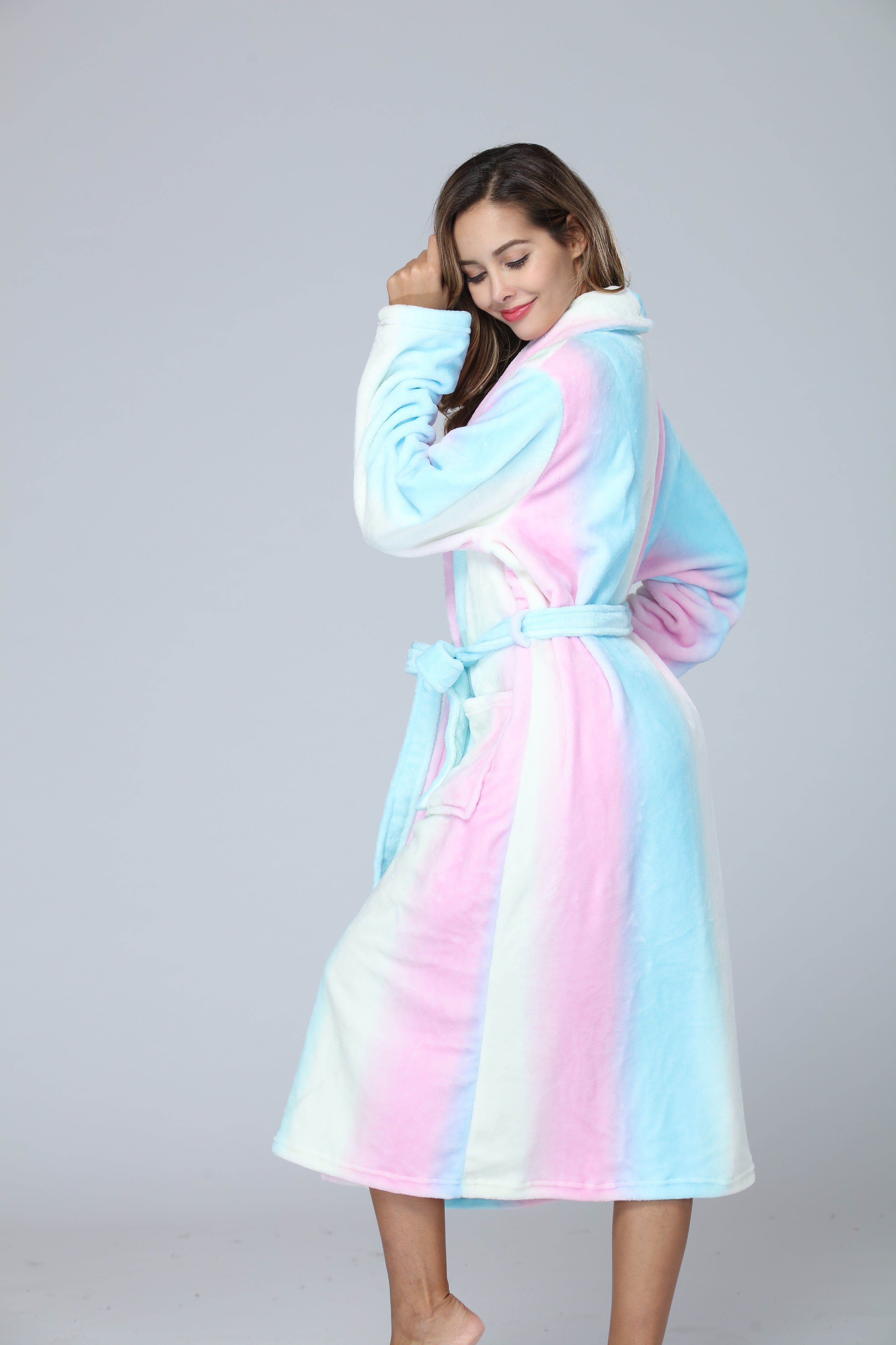 RONGTAI Womens Long Robes Plush Fleece Nightgown Thick Hooded Bathrobe With Pockets Fluffy Sleepwear For Men