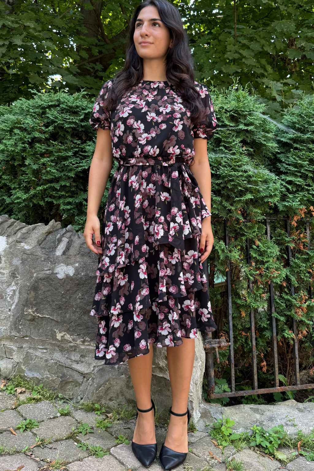 Catalina Women's Black Floral Print Asymmetrical Layered Hemline Detail