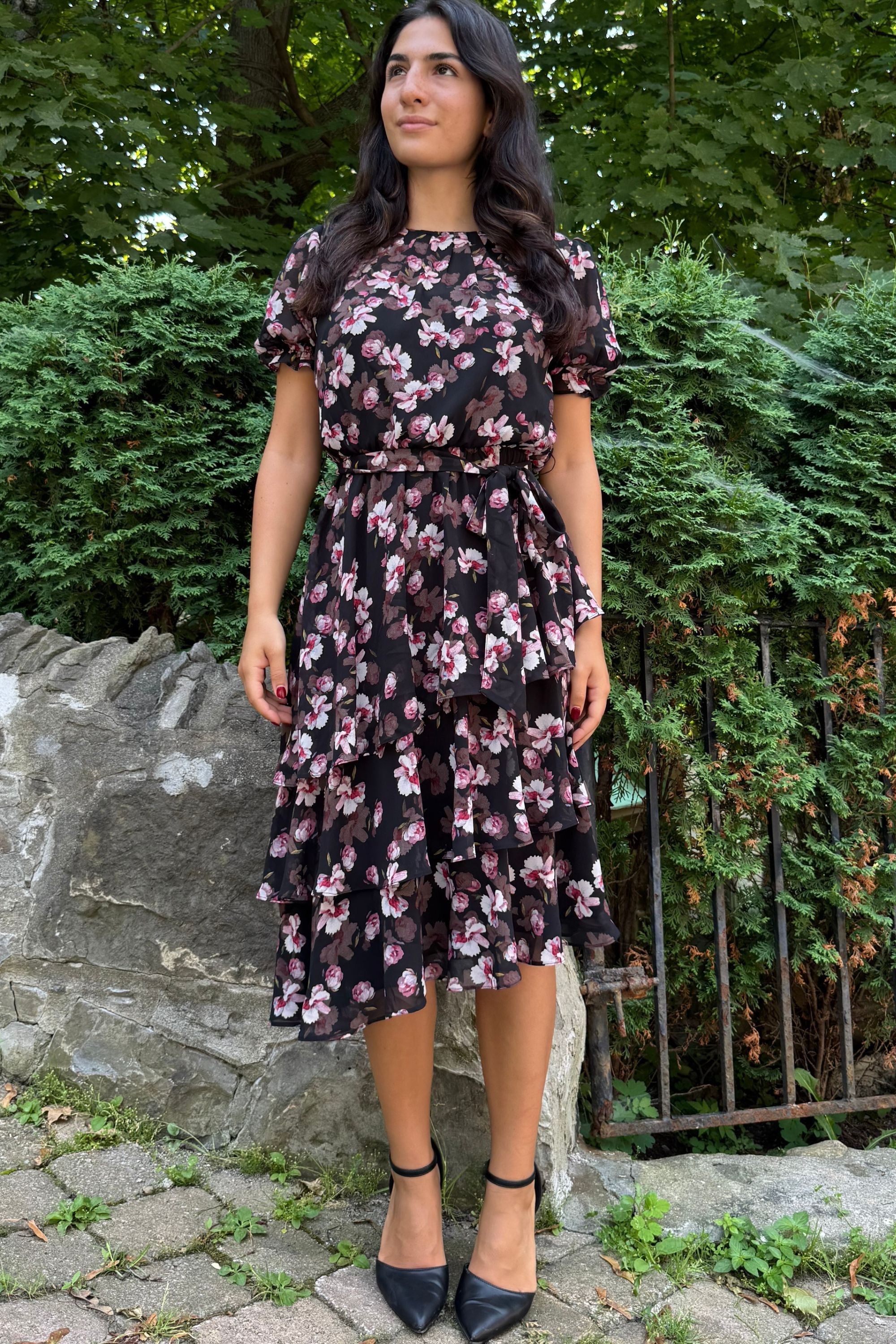 Catalina Women's Black Floral Print Asymmetrical Layered Hemline Detail
